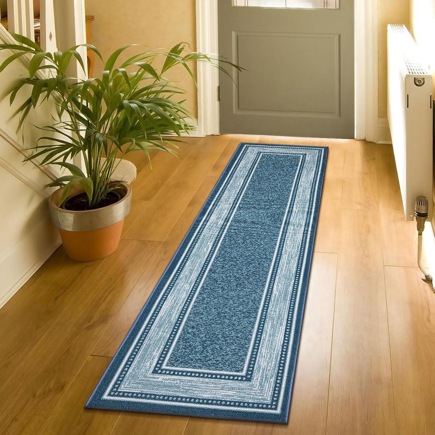 Ottomanson Machine Washable Non-Slip Rubberback Bordered 3x10 Indoor Runner Rug, 2'7" x 9'10", Blue