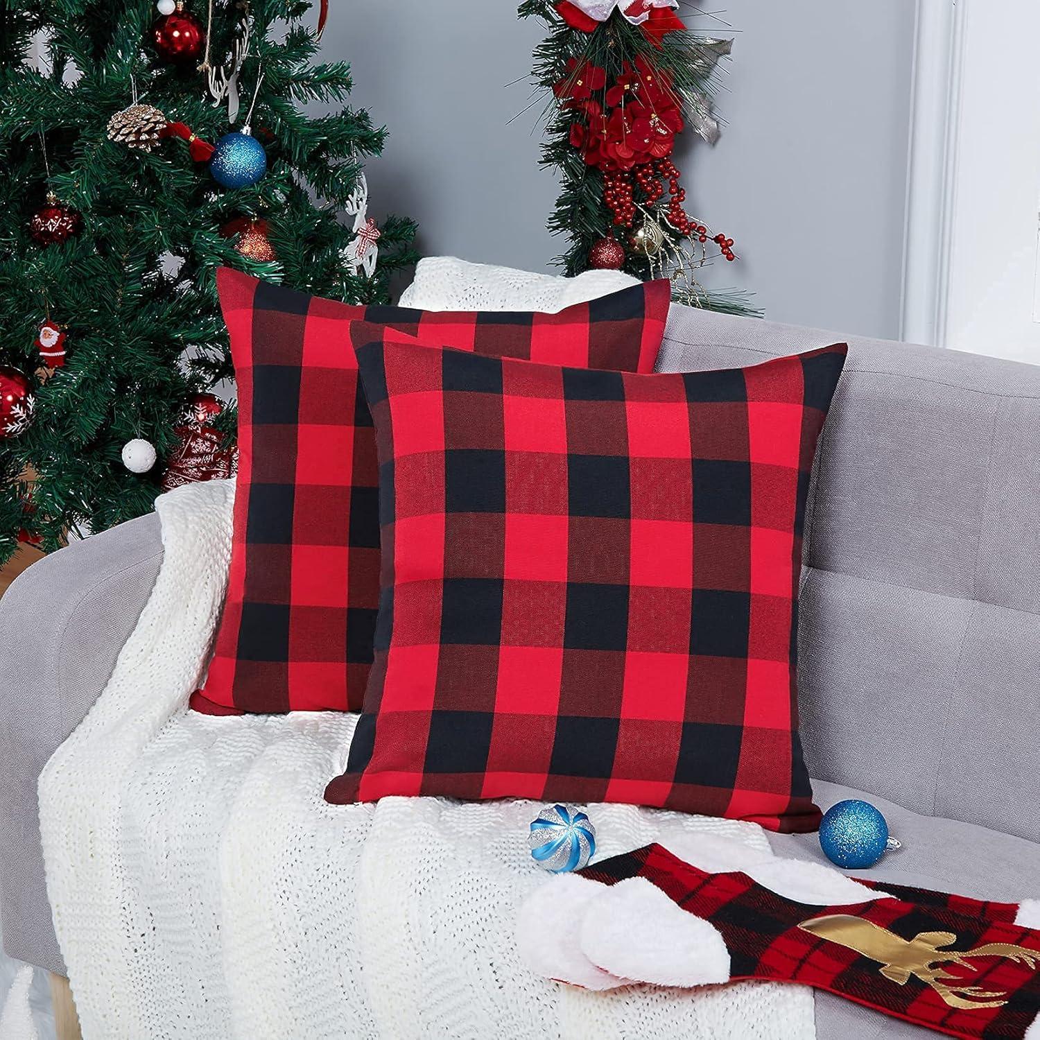 2 Pack Christmas Pillow Covers Buffalo Check Plaid Throw Decorative Cushion Case Polyester for Farmhouse Home Decor Red and Black, 18" x 18"