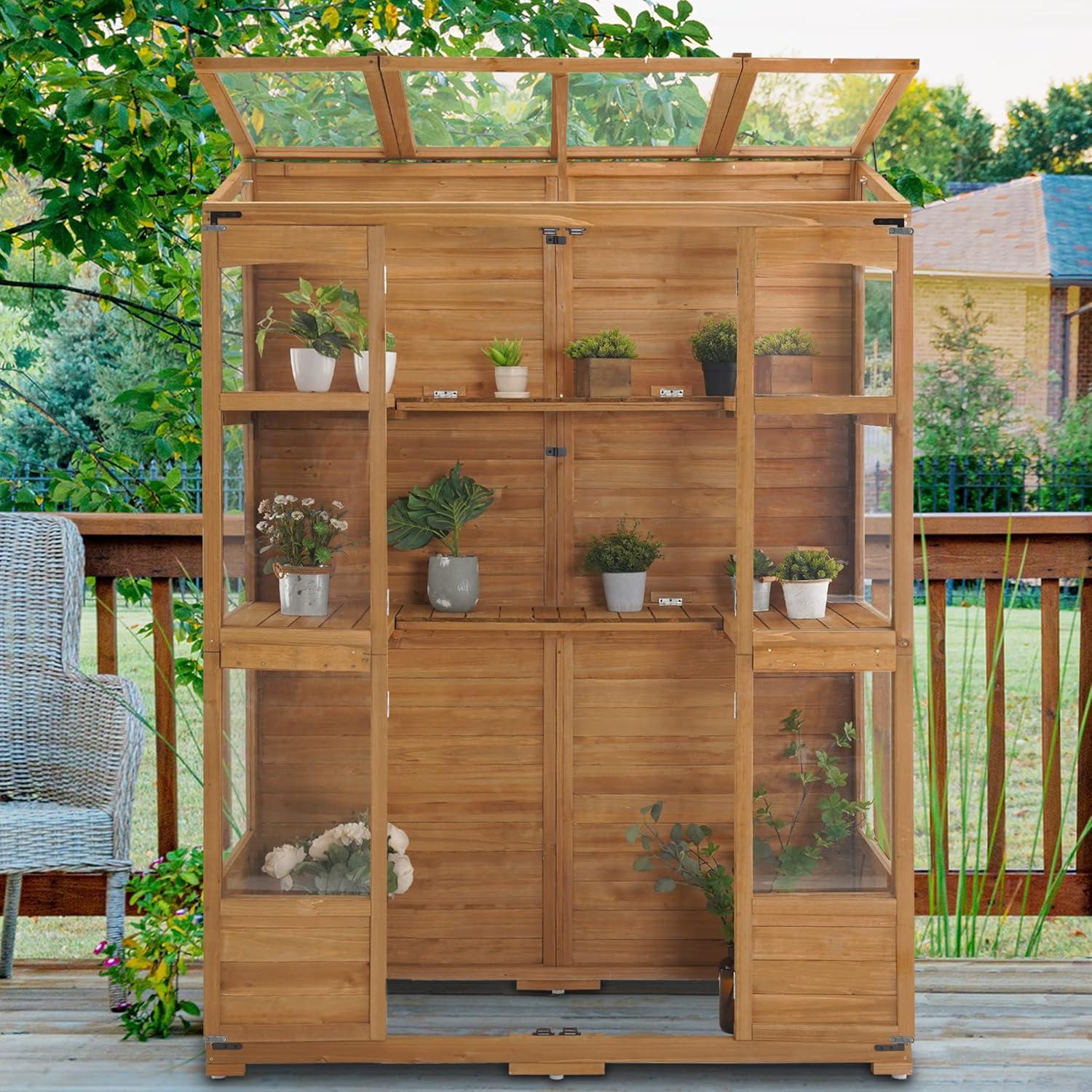 Natural Fir Wood Walk-In Greenhouse with Openable Roof