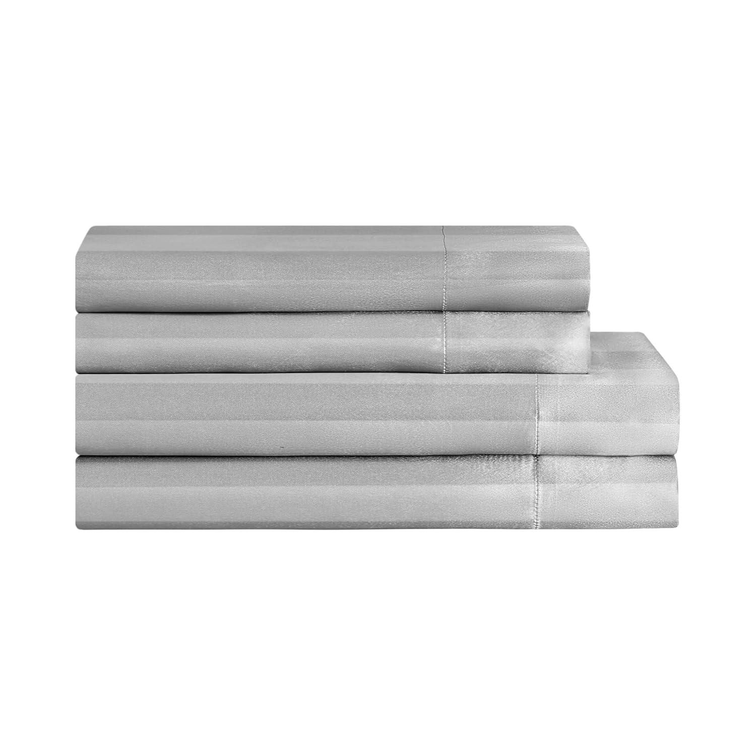 Juicy Couture Silky Satin Damask Sheet Set - Luxury Grey Bedding - Smooth Satin Striped Sheets - Full Size