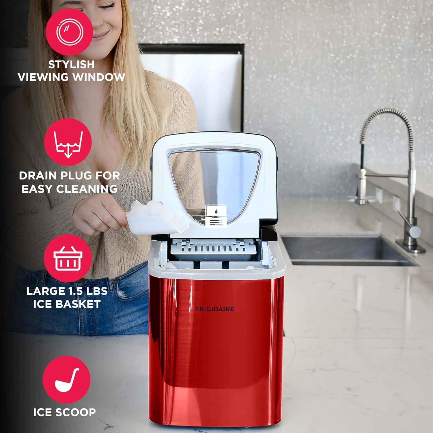 Frigidaire, 26 Lbs. Countertop Ice Maker, Bullet Shaped Ice, Red Stainless Steel