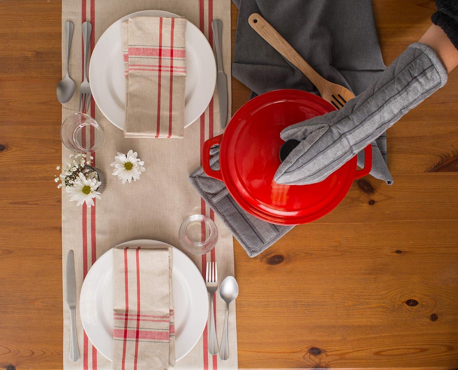 DII 14x108" Modern Cotton French Stripe Table Runner in Taupe Beige/Red