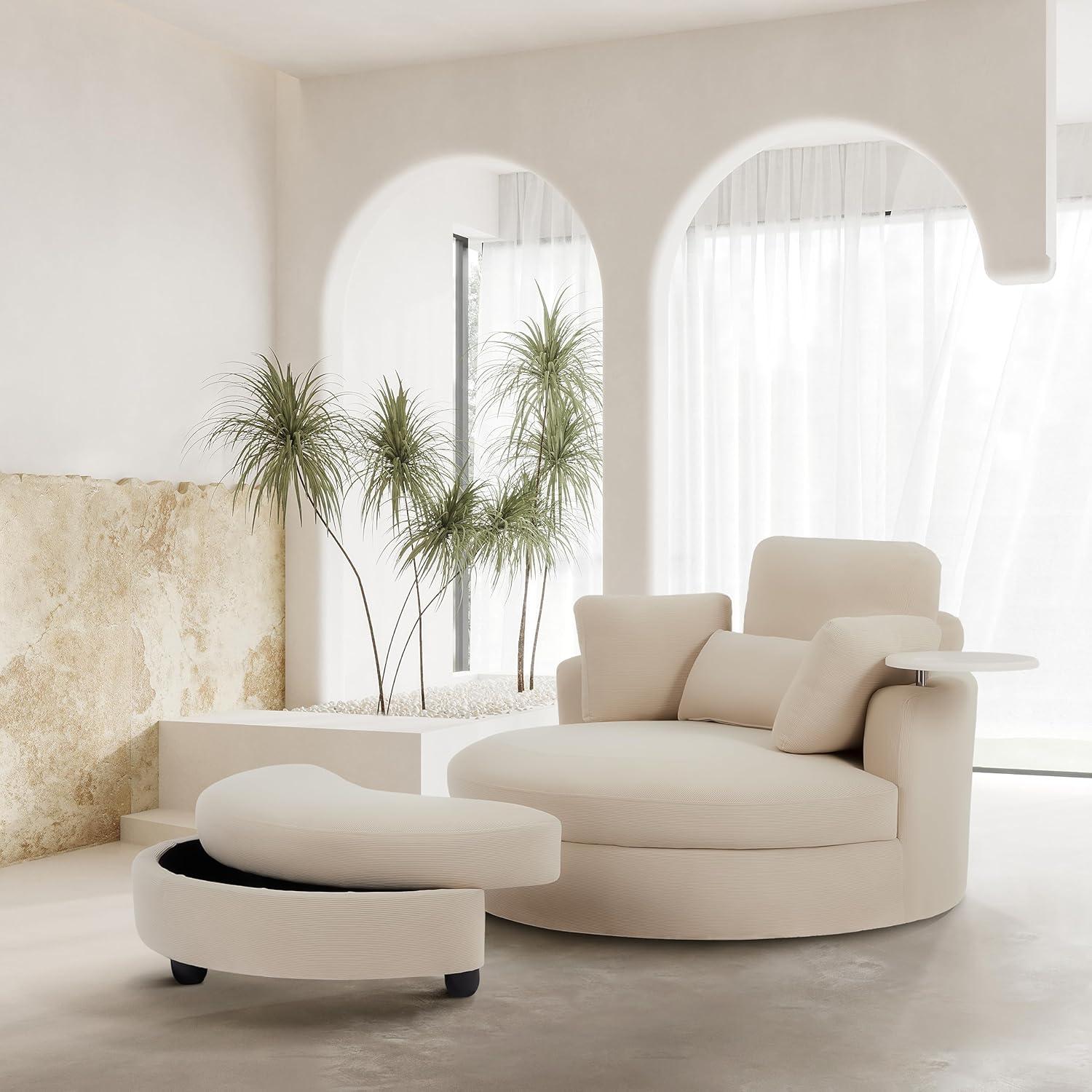 DEINPPA Swivel Round Barrel Chair with Storage Ottoman and 4 Movable Pillow Backrest, 360° Round Rotating Sofa Chair for Living Room, Hotel, Bedroom, Office, Lounge (Green + Chenille+ Foam)