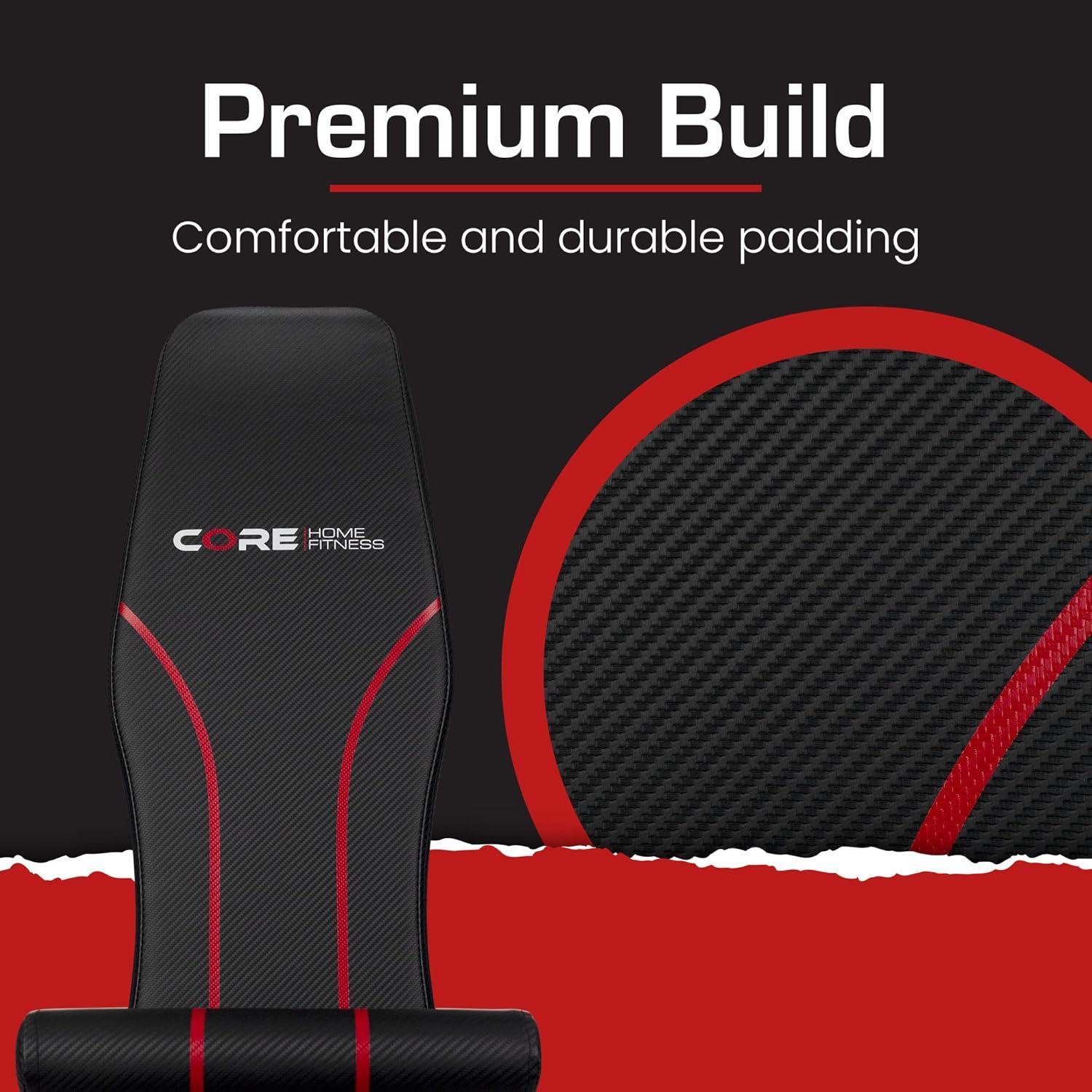 Adjustable Bench By Core Home Fitness, Foldable Weight Bench, Incline/Decline/Flat Bench, 7 Back Adjustments, Adjustable Seat, Black/Red (51MAB)