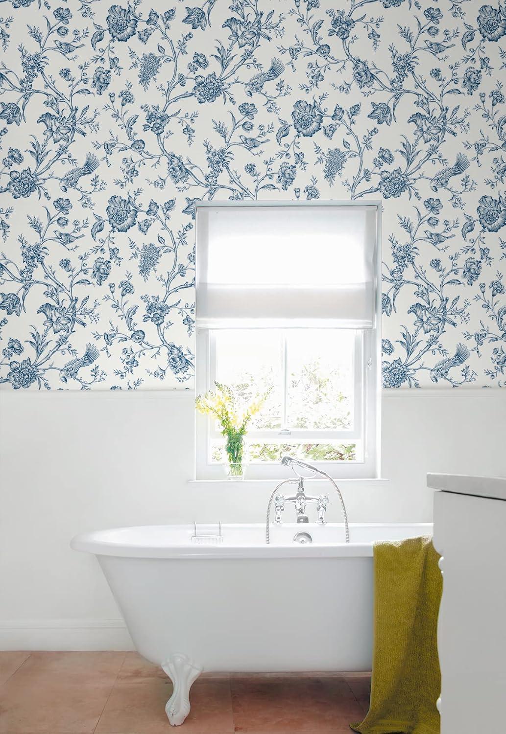 NextWall Navy Blue Jasmine Chinoiserie Peel and Stick Wallpaper
