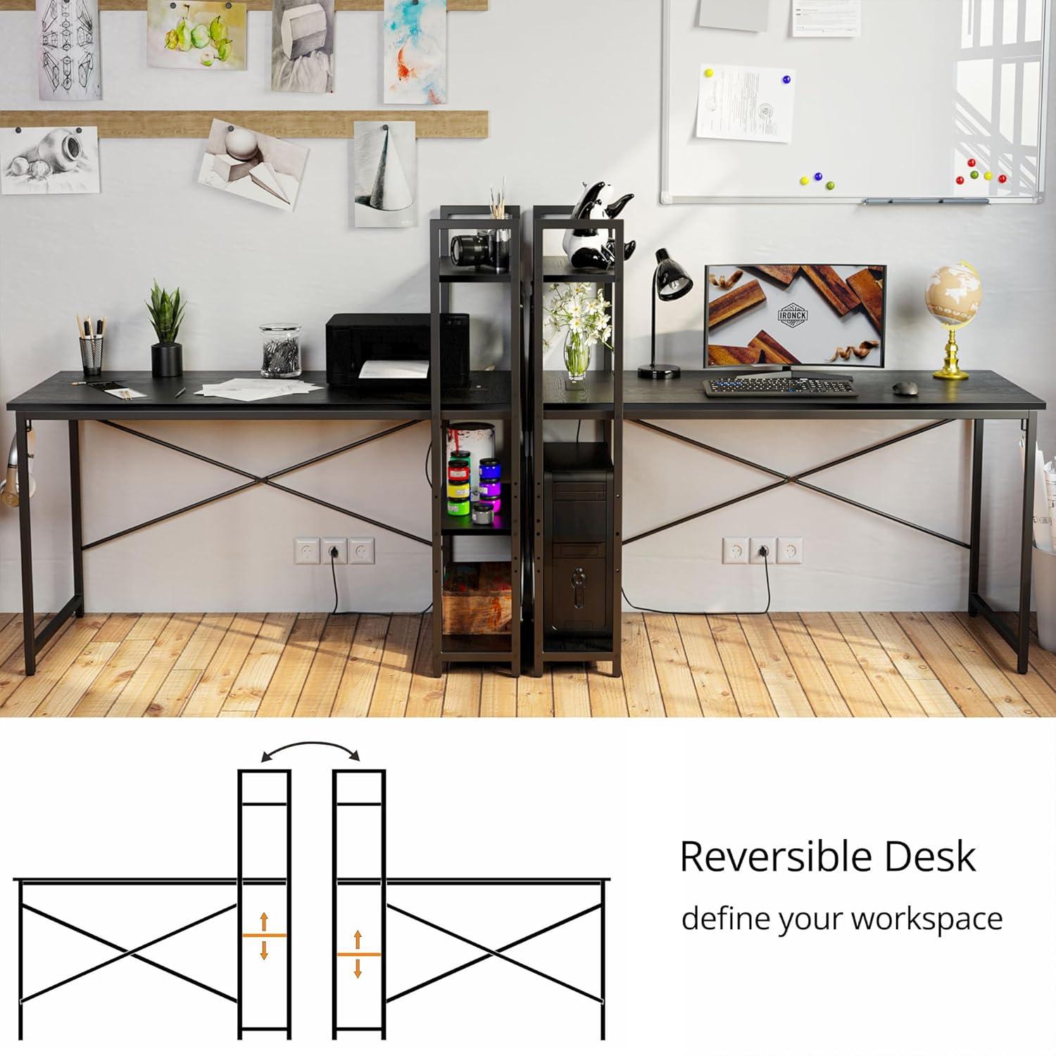 IRONCK Computer Desk 47" with Power Outlet and Storage Shelves, Study Writing Table with USB Ports Charging Station, PC Desk Workstation for Home Office, Black