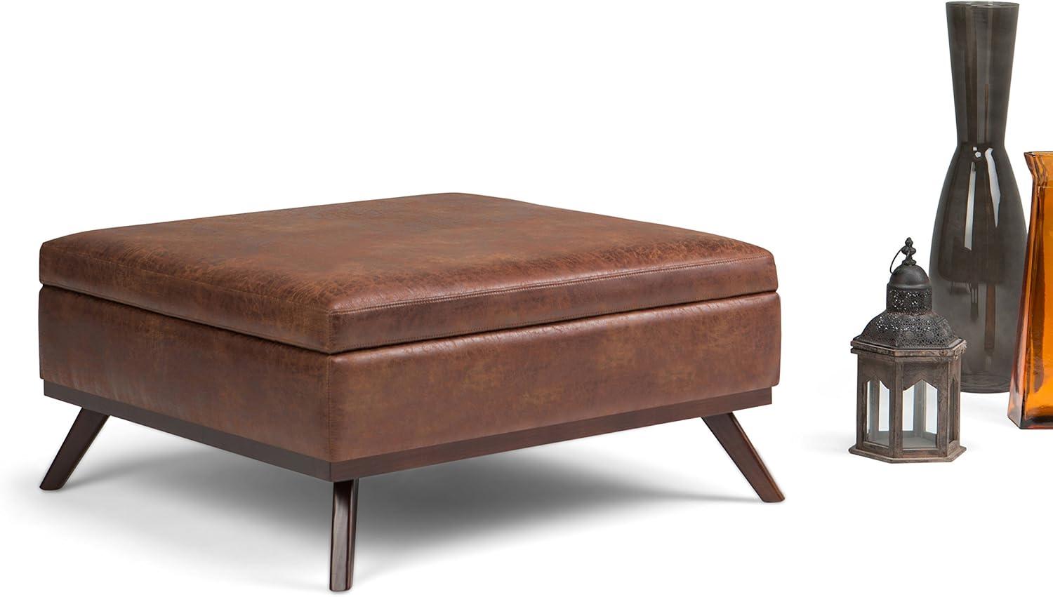 Simpli Home Owen Faux Air Leather Square Coffee Table Ottoman in Saddle Brown