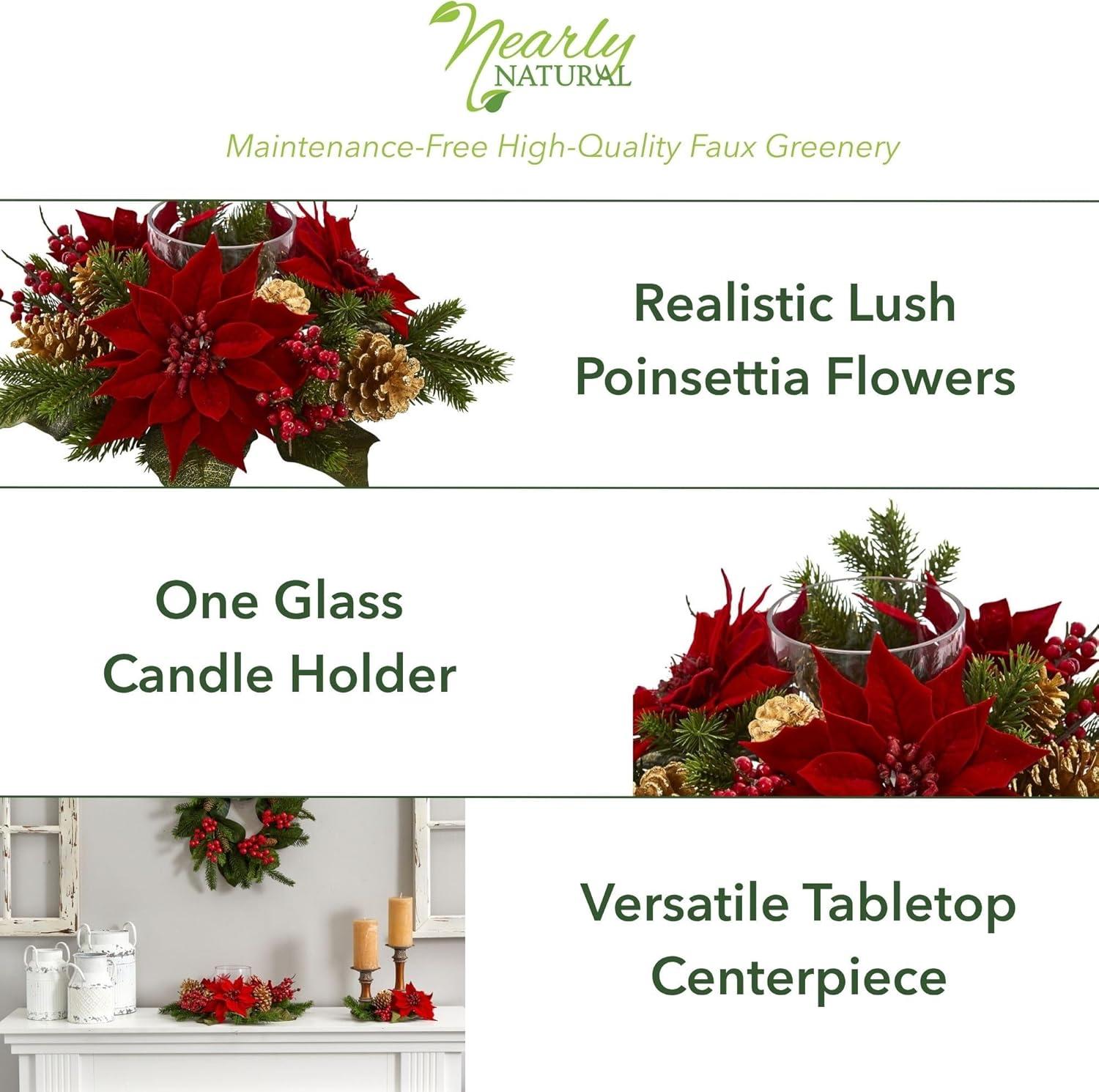 Nearly Natural Poinsettia, Berry and Golden Pine Cone Candelabrum Artificial Flower Arrangement