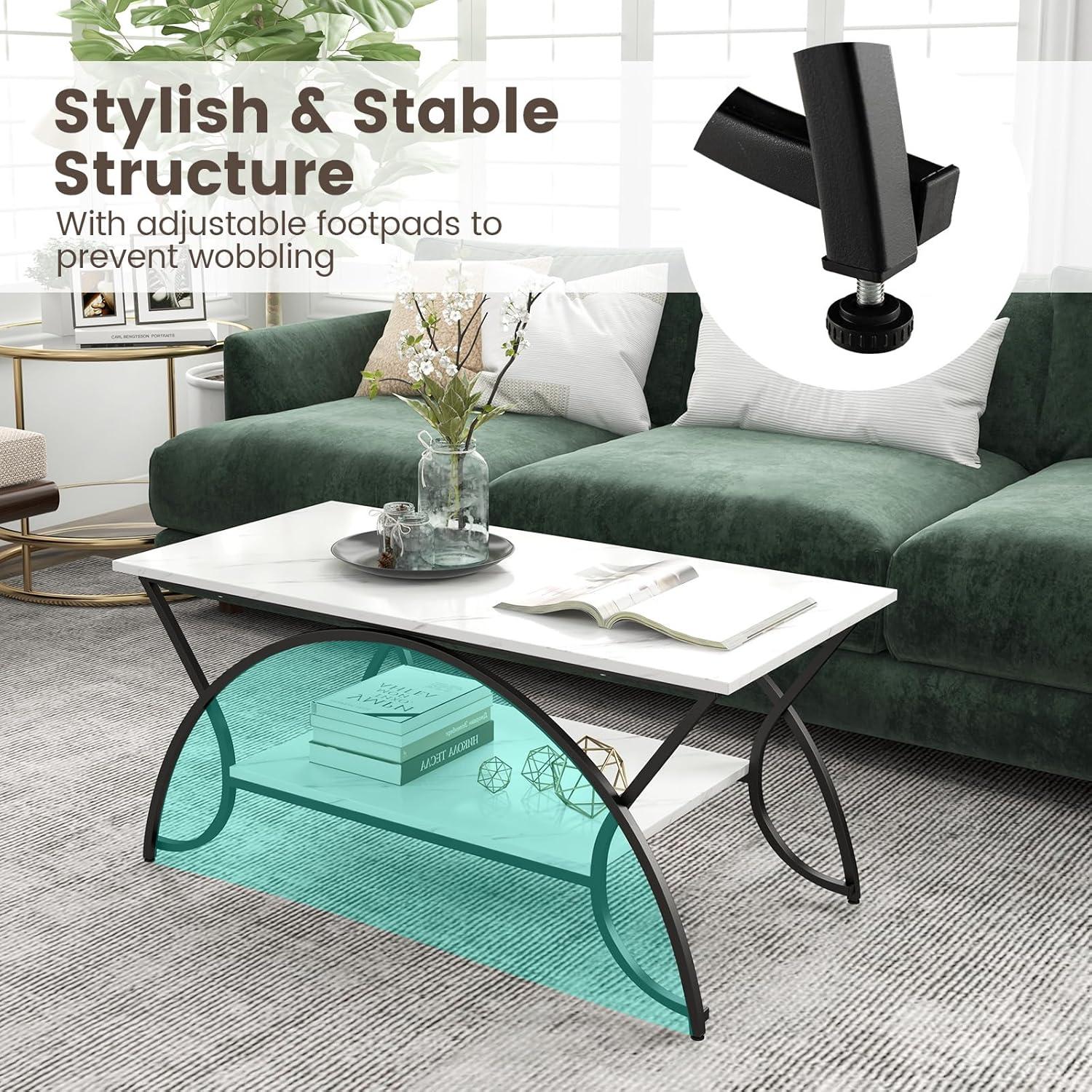 Kepooman Coffee Table,Center Table, Modern Sofa Table Tea Table,2-Tier Faux Marble Coffee Table with Marble Top and Metal Frame-Black & White