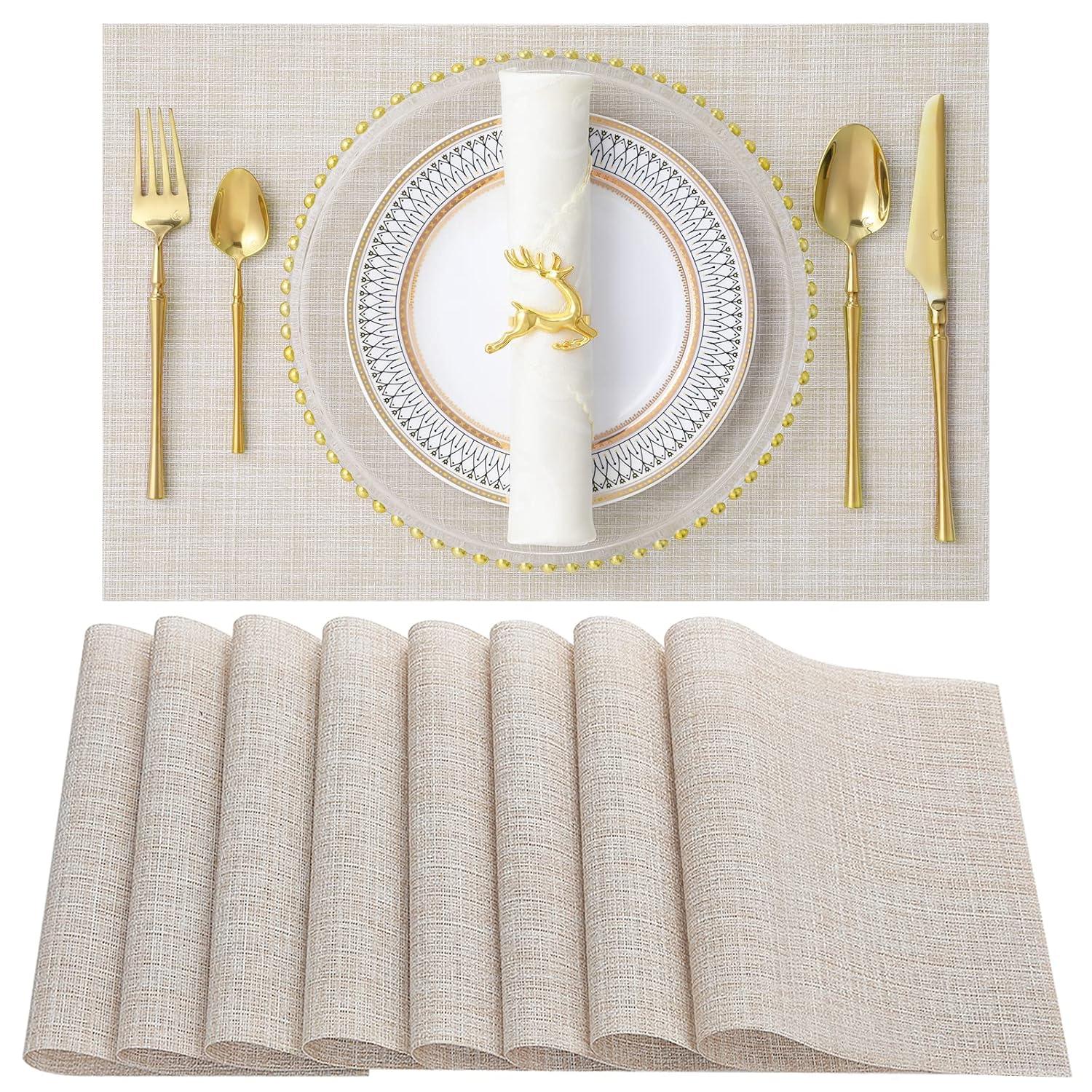 Set of 8 Heat-Resistant Placemats Stain Resistant Anti-Skid Placemats for Kitchen Table, Washable Durable PVC Table Mats Woven Vinyl Placemats Beige