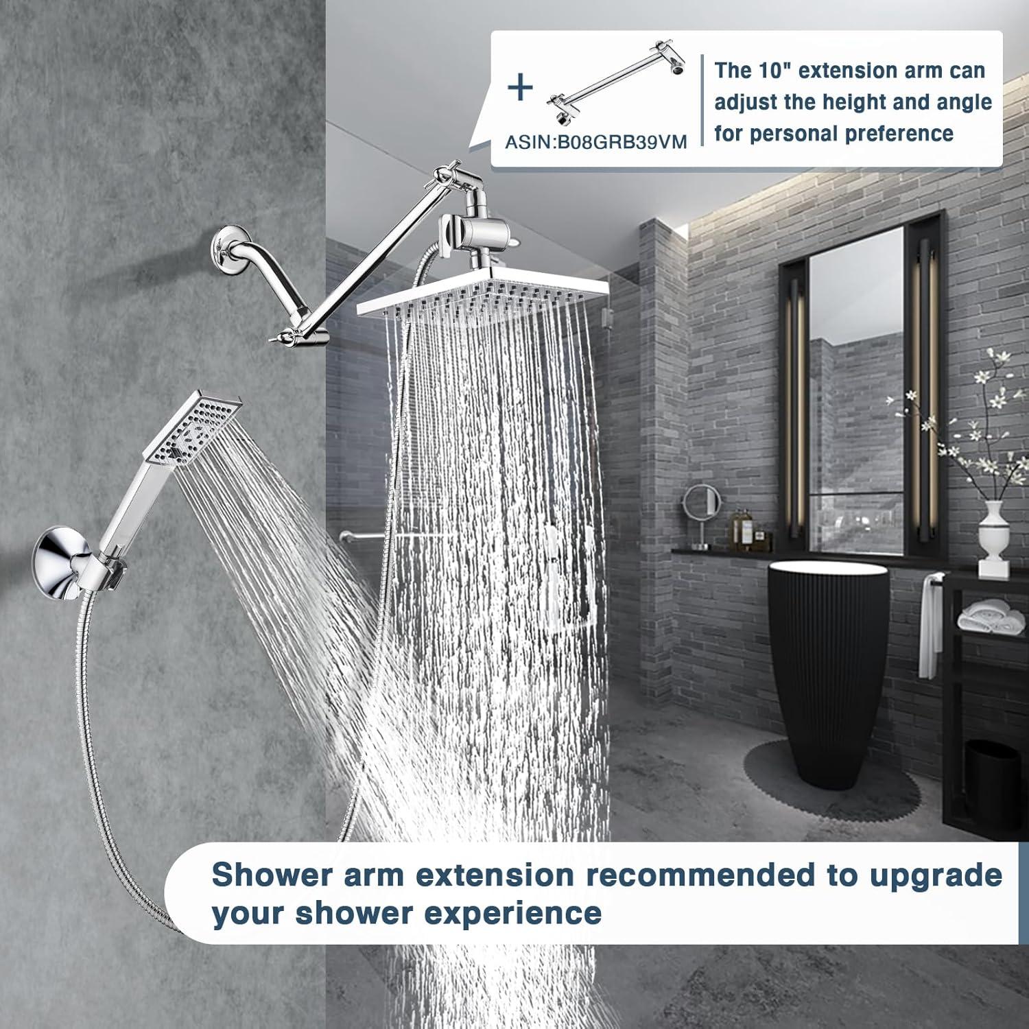 BRIGHT SHOWERS Rain Shower Head Combo, 8" Rainfall Shower with Handheld Spray, 60" Hose, 3-Way Diverter, Wall Bracket, Chrome