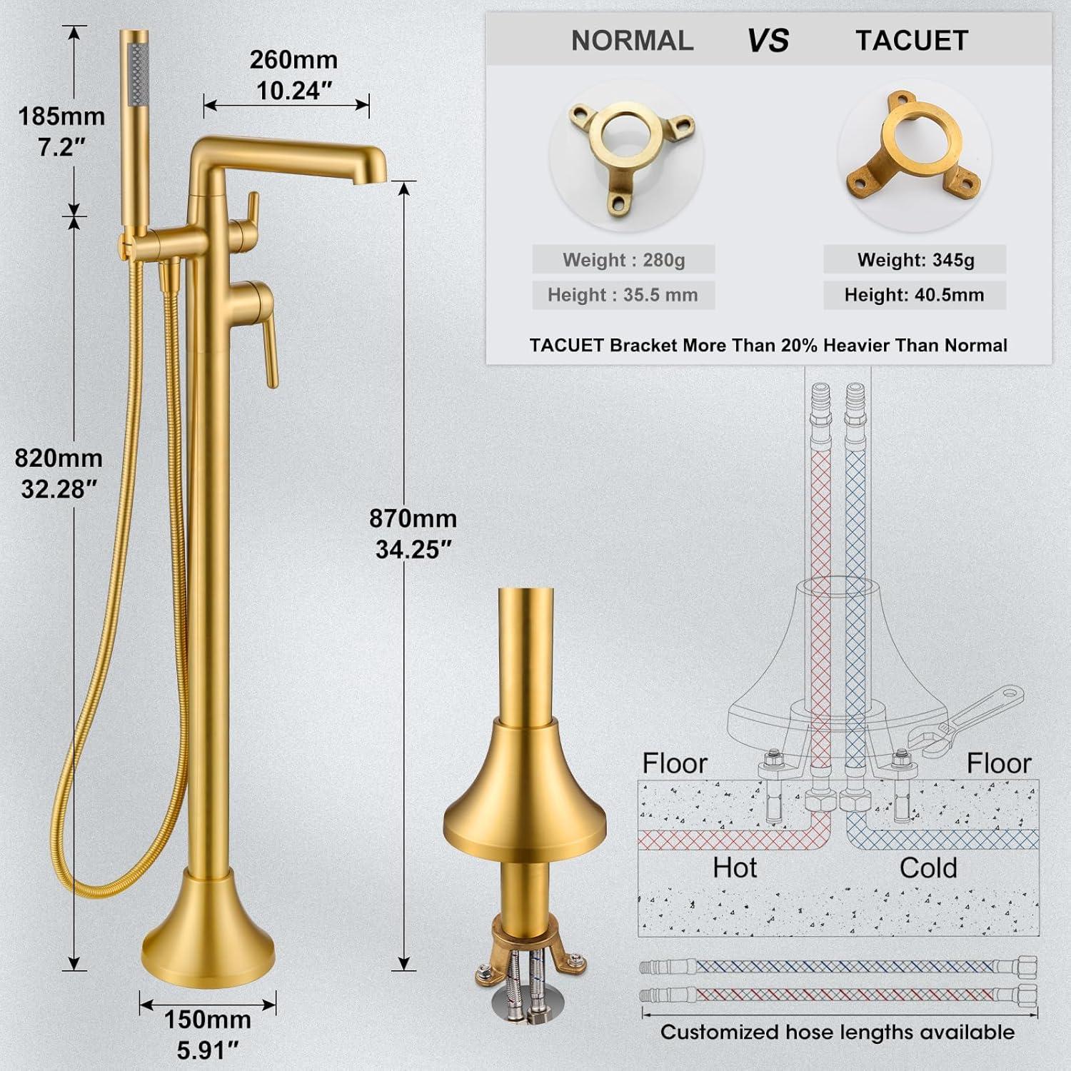 Brushed Gold Freestanding Tub Filler Faucet with Handheld Shower