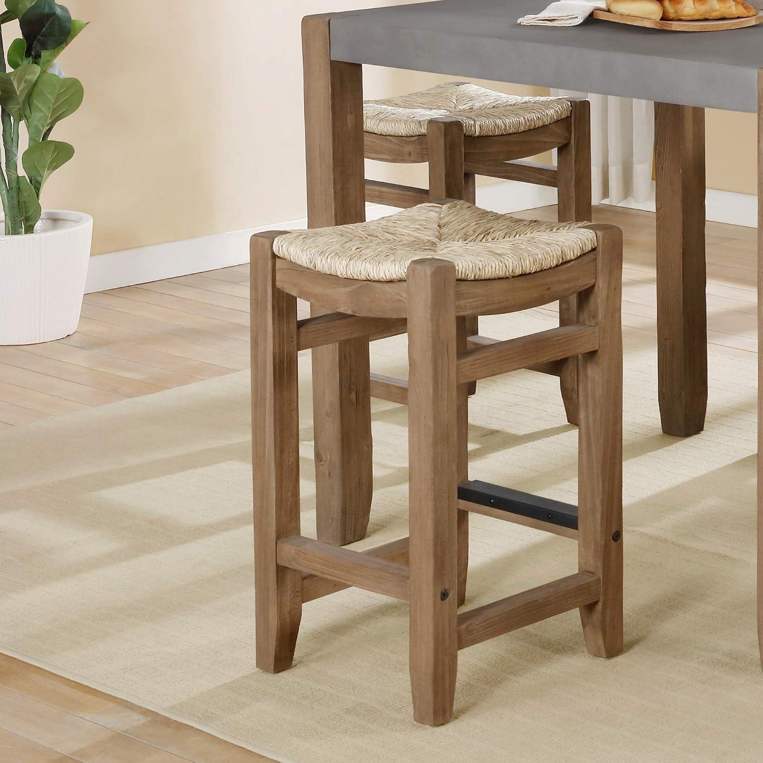 Alaterre Bolton Furniture Newport Set of Two 26"H Wood Counter Height Stools with Rush Seats, Brown