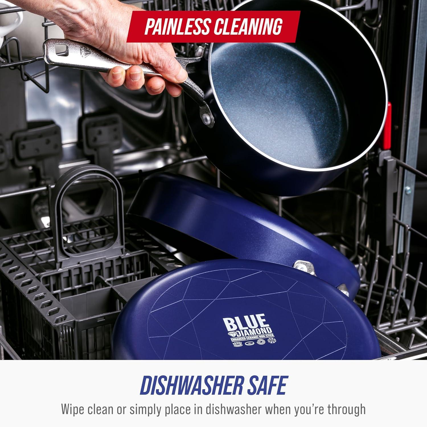 Blue Diamond 9 Piece Nonstick Cookware Set, Diamond Ceramic Pots & Pans, Dishwasher & Metal Utensil Safe, Non Toxic PFAS-Free, Kitchen Cooking Sauce & Saute Pans, Oven & Broiler to 600F, Blue