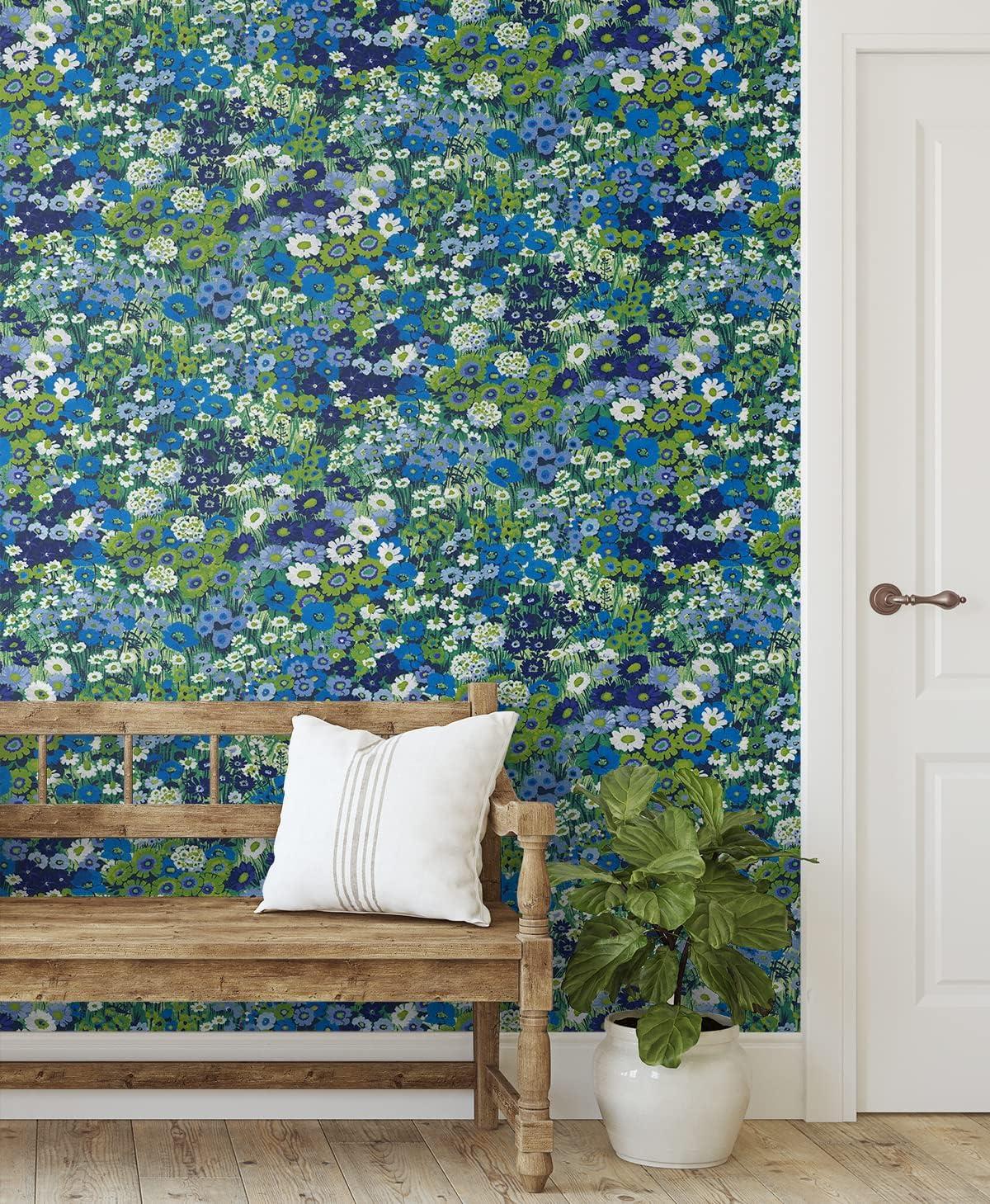 Bright Blue and Sap Green Floral Peel and Stick Wallpaper