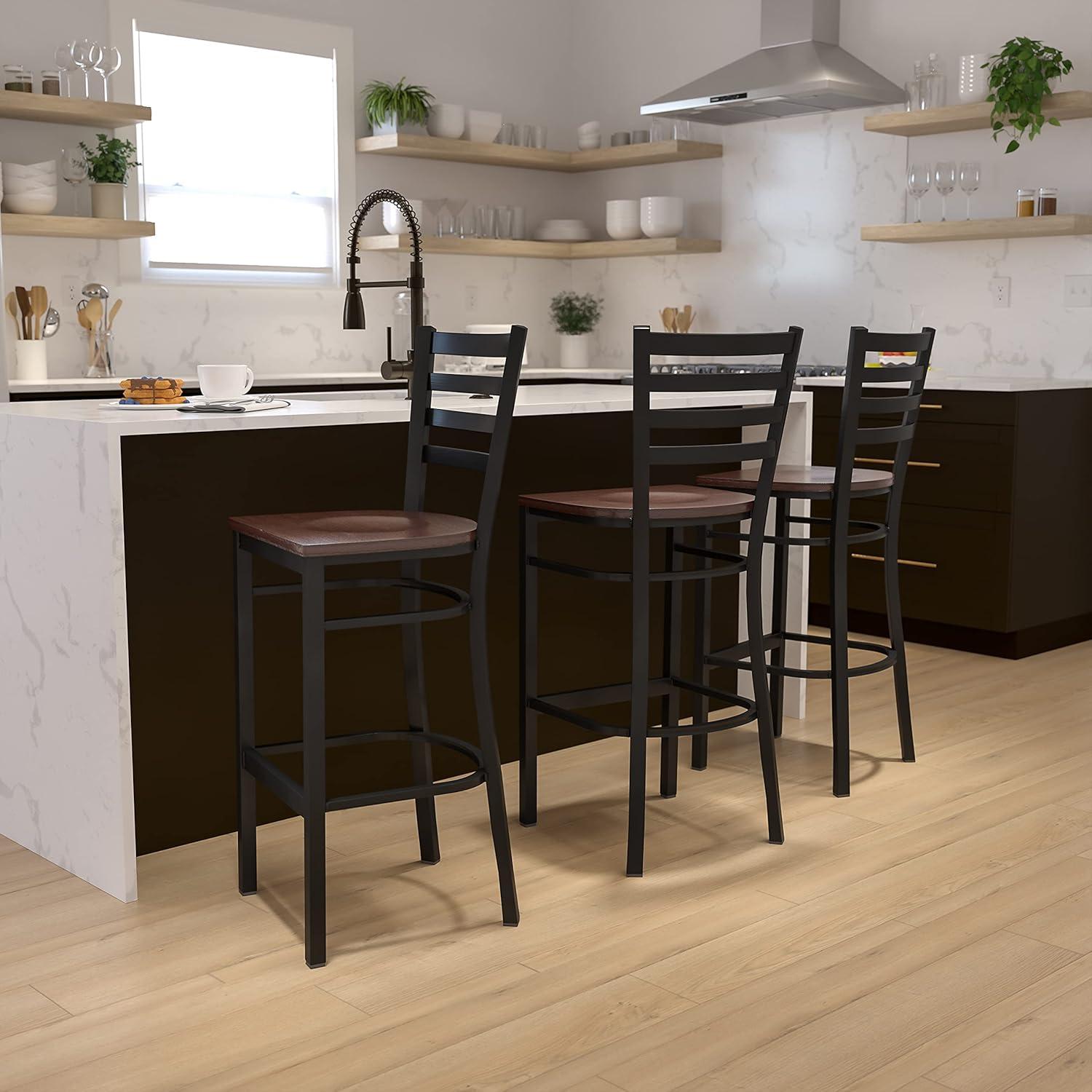 Flash Furniture HERCULES Series Black Ladder Back Metal Restaurant Barstool - Mahogany Wood Seat