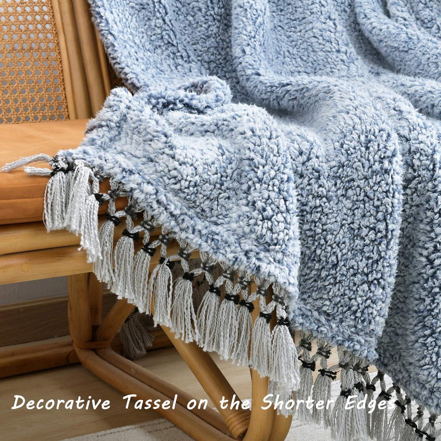 Navy Blue Sherpa Reversible Bohemian Throw Blanket with Tassels