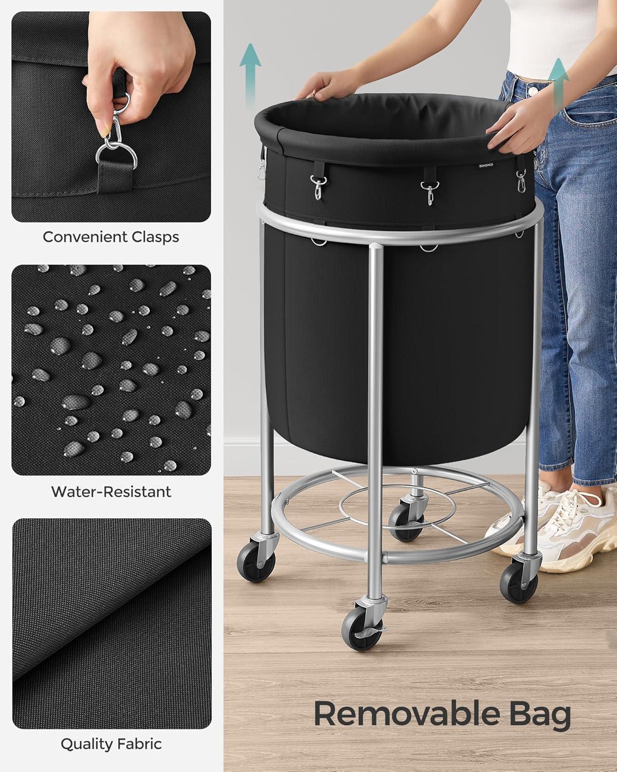 SONGMICS Laundry Basket with Wheels, Rolling Laundry Hamper, 18.5 Gal., Round Laundry Cart with Steel Frame and Removable Bag, 4 Casters and 2 Brakes, Black and Silver URLS006B01