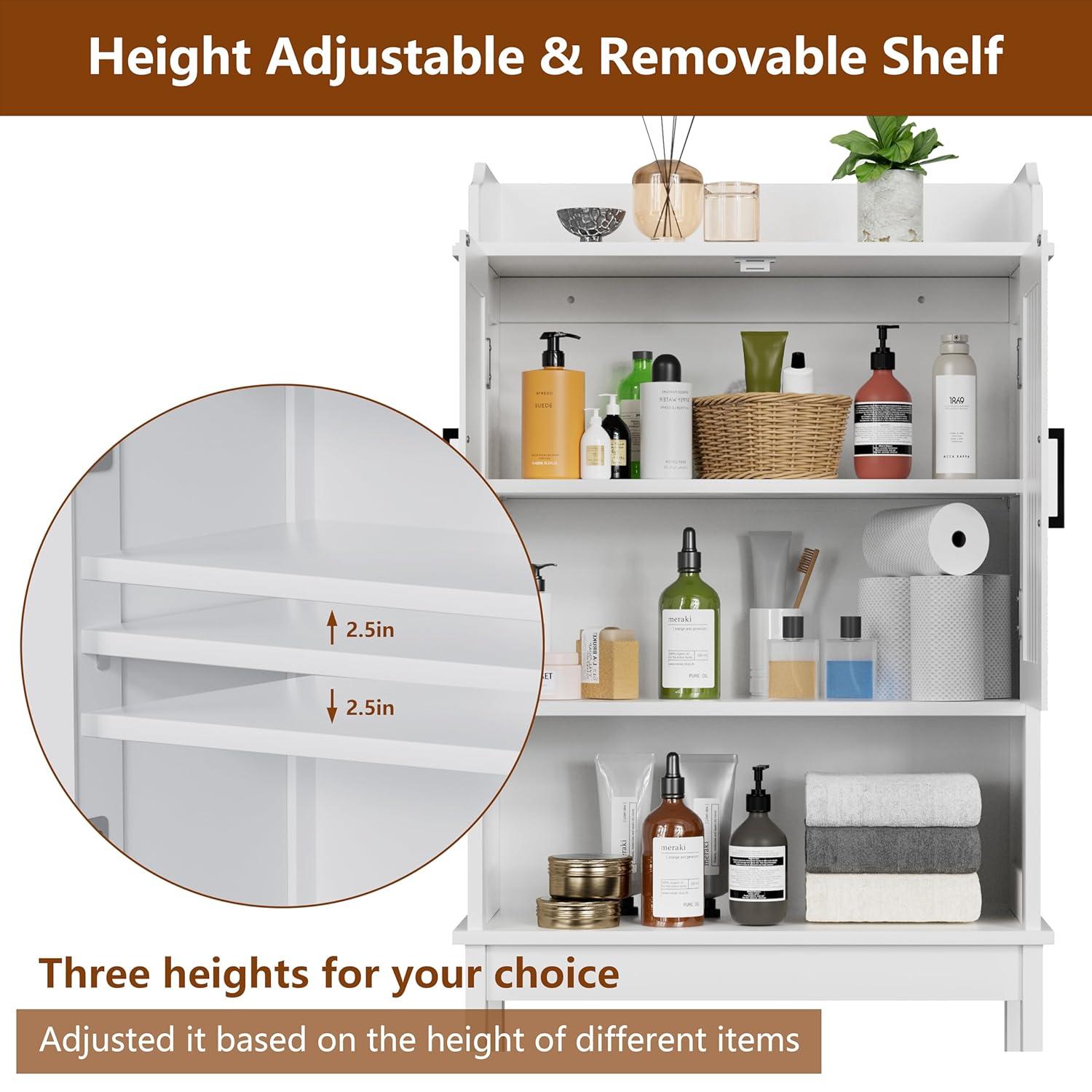 MUPATER Bathroom 67" Storage Cabinet Organizer with Shelves and Doors, Small Freestanding Toilet Shelf Space Saver with Anti-Tip Design and Adjustable Bottom Bar, White