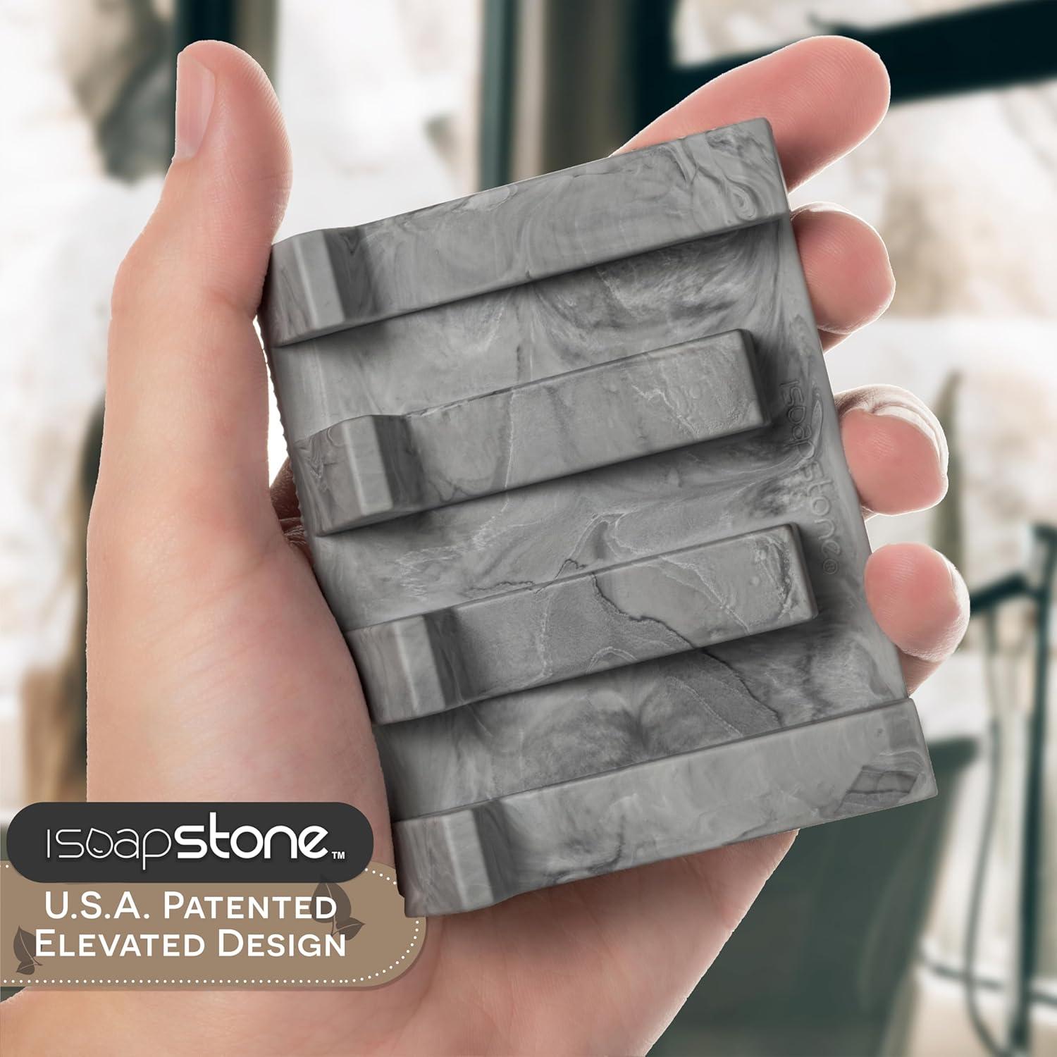 iSoapStone Premium Self-Draining Silicone Soap Dish: Waterfall Bar Holder Tray with Drain Saver, Anti-Slip Kitchen & Bathroom Accessory for Sponges and Bar Soaps - Patent-Pending Design (Light Grey)