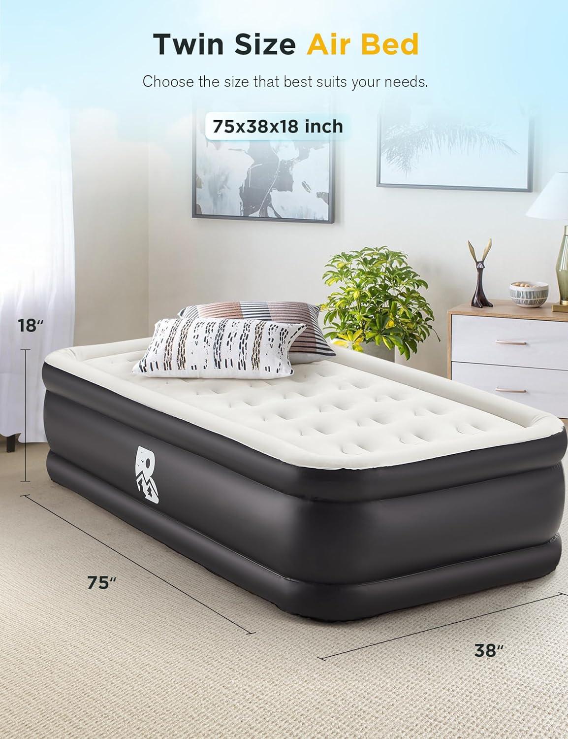 Twin Size Black and White Raised Air Mattress with Built-in Pump