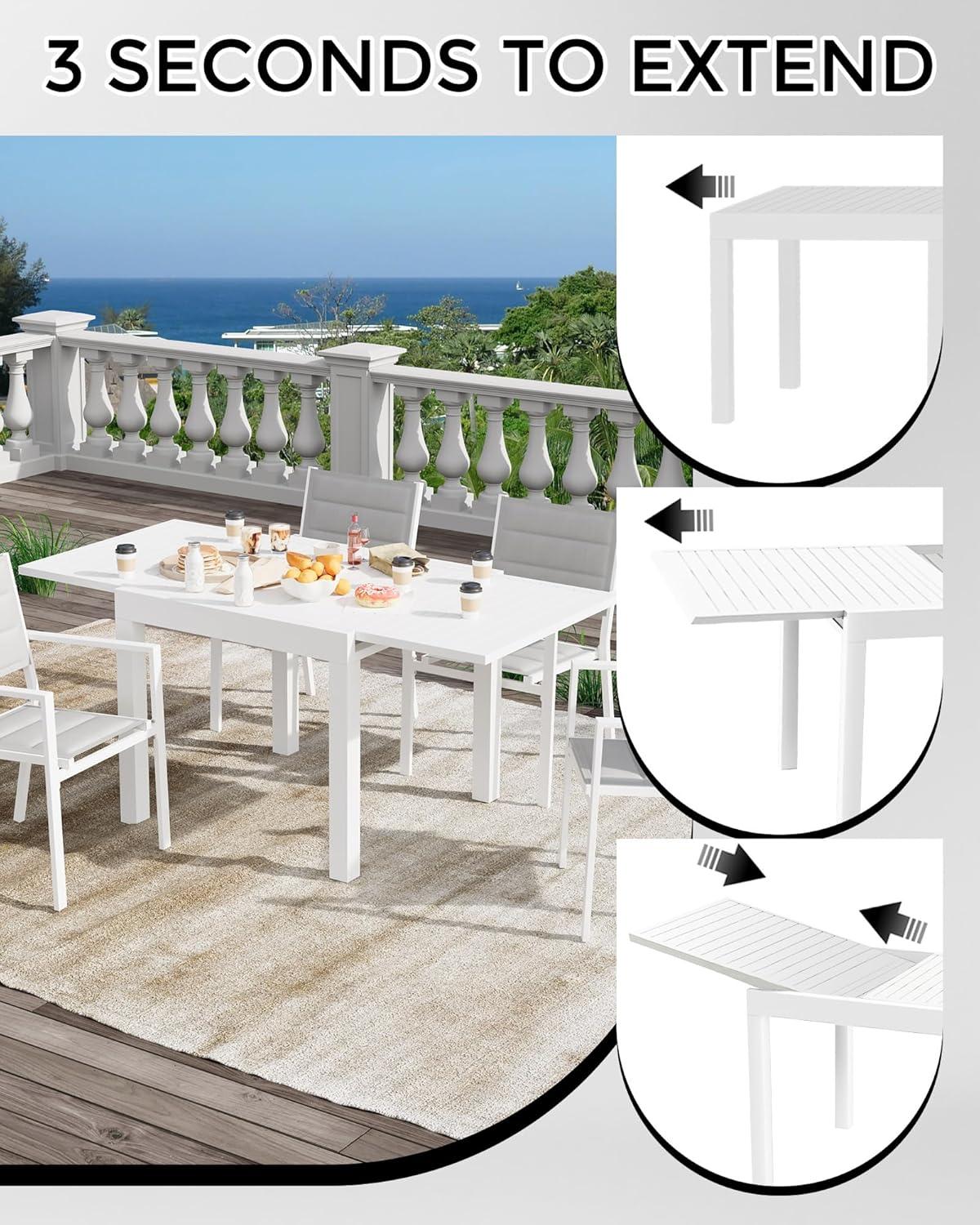 Garvee Expandable Outdoor Dining Table – Adjustable Patio Table for 4-6 People, Durable Aluminum Slat Frame for Backyard, Deck, and Porch, White