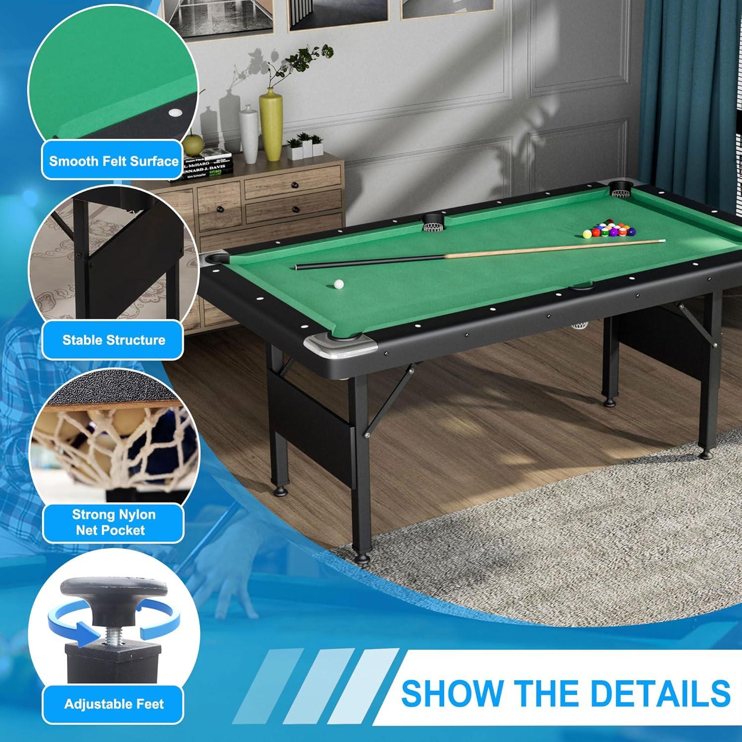 Holaki 3 in 1 Billiard Table, 65.75" Folding Pool Table with Ping Pong Table and Dining Top, Multi Game Table Includes Billiard Accessories and Tennis Paddles for Family Game Room, Basements