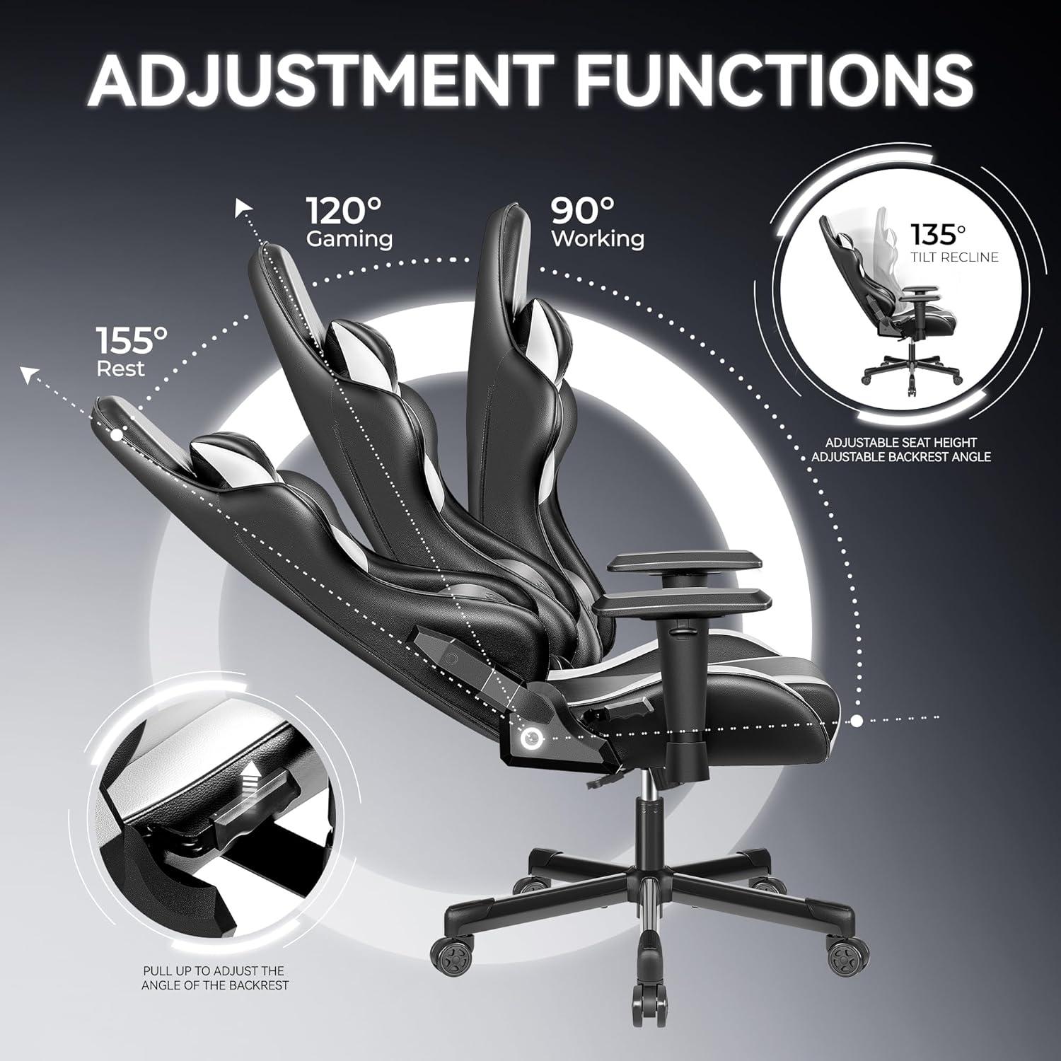 White and Black PU Leather Ergonomic Gaming Chair with Lumbar Support