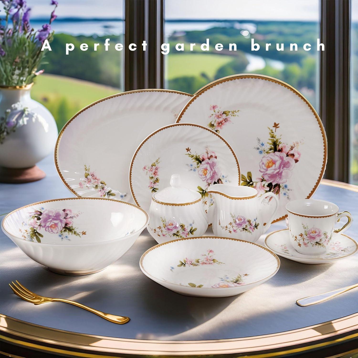 Lynns Paradise Timeless Rose Floral 45-Piece Dinnerware Set, Service for 8, Pink; 24K Gold Trim, Embossed Swirl, Colorful Floral Print, Porcelain