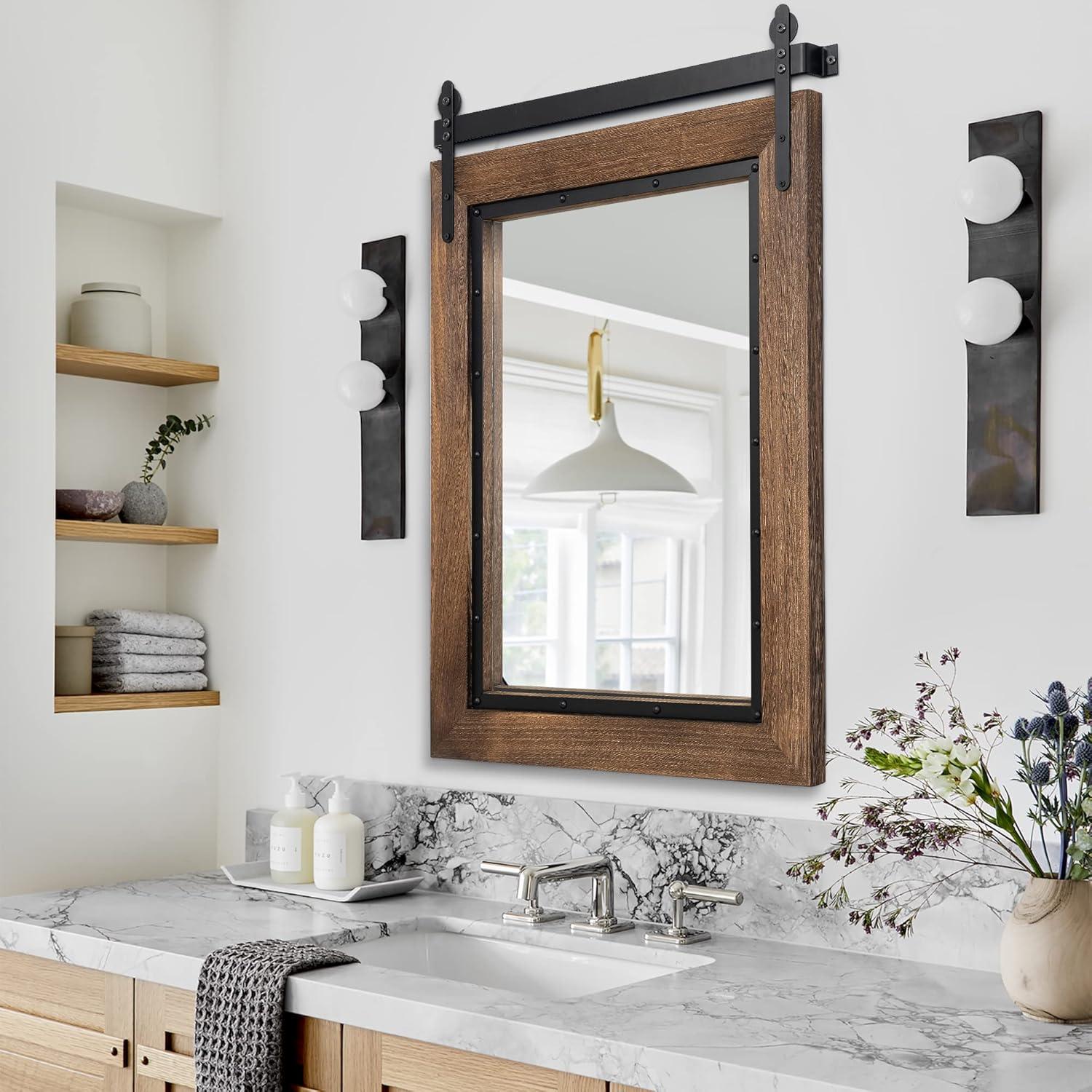 COSMOGO Farmhouse Barn Door Style Natural Wood Bathroom Vanity Wall Mirror 24"x32"