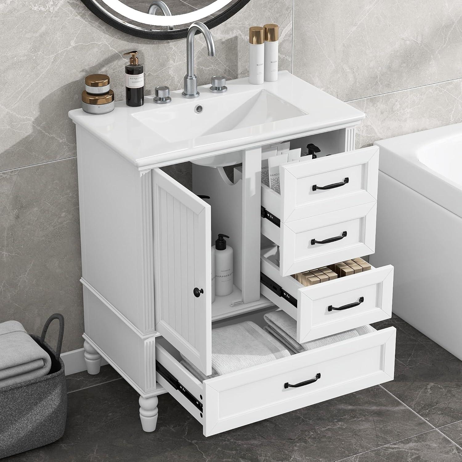 KEAIDO 30" Bathroom Vanity with Sink, Bathroom Storage Cabinet with 3 Drawers and a Door, Freestanding Bathroom Vanity with Solid Wood Legs & MDF Board