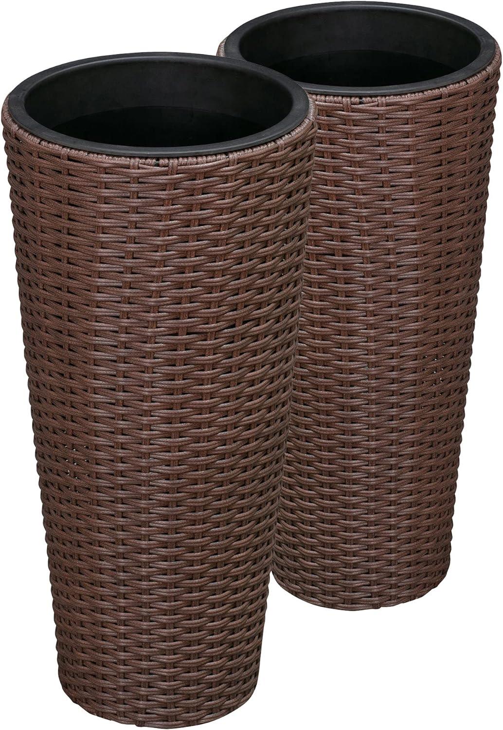 Balkene Home Noah All-Weather Wicker Planter Set with Liners Tall Plant Decor Box for Outdoors & Indoors Patio Herb Garden - 2 Piece Set – Black