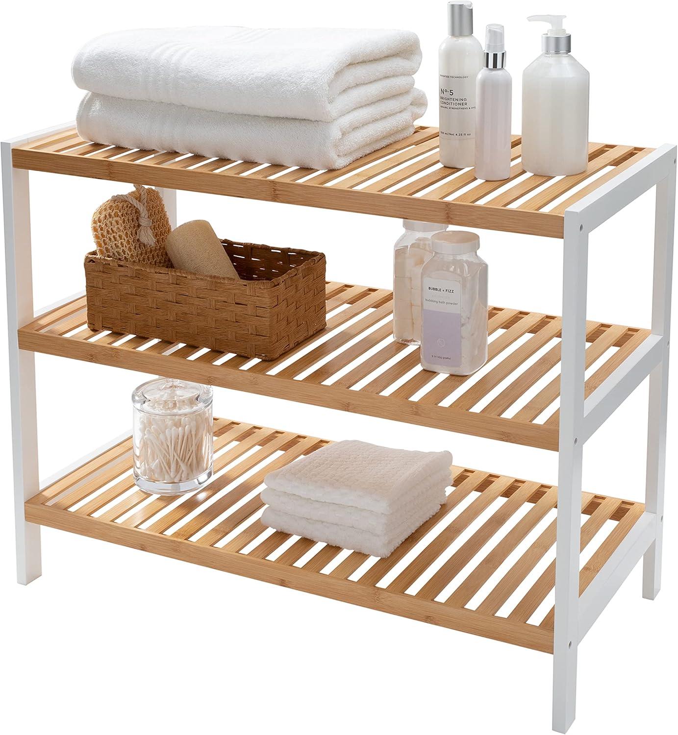 White and Bamboo 3-Tier Rectangular Footwear Storage Shelf