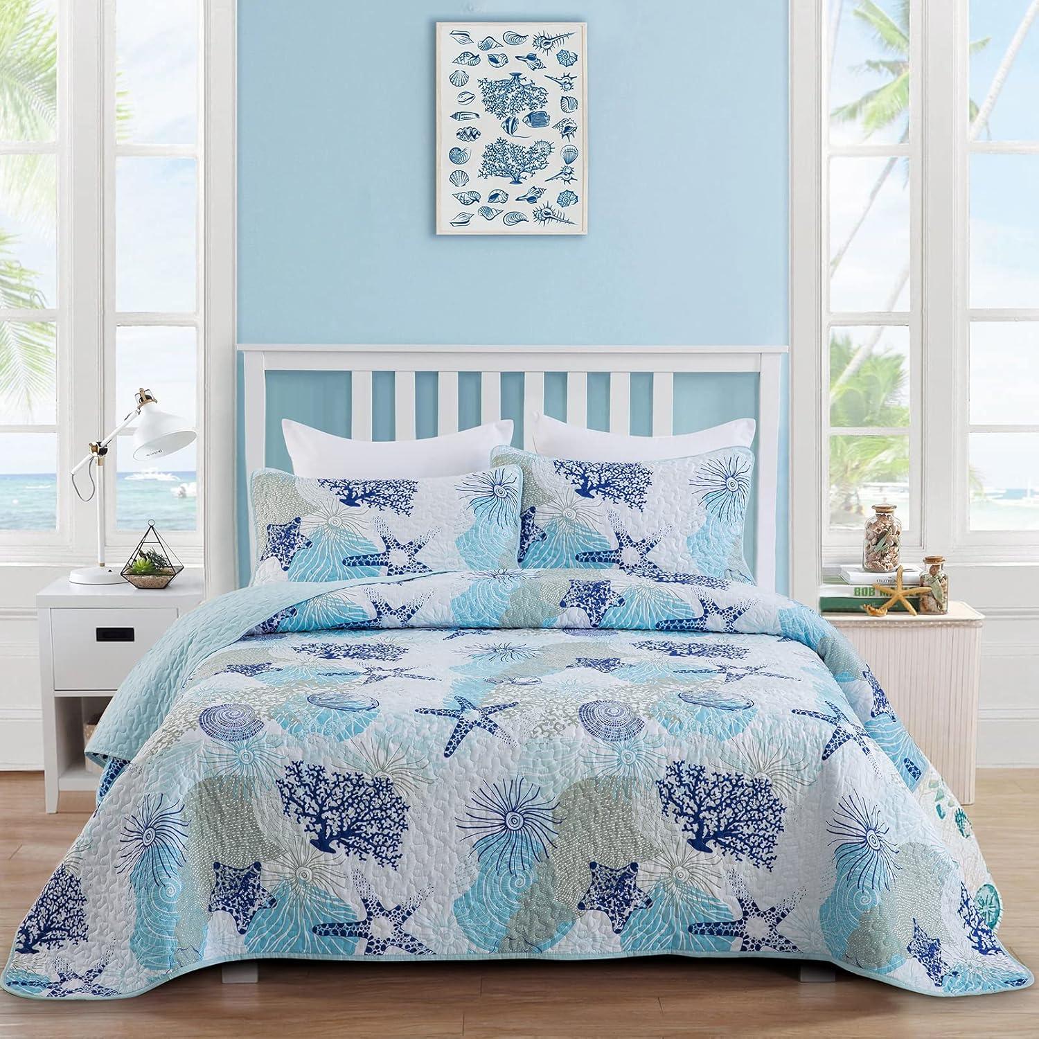 King Coral Reversible Microfiber Coastal Quilt Set