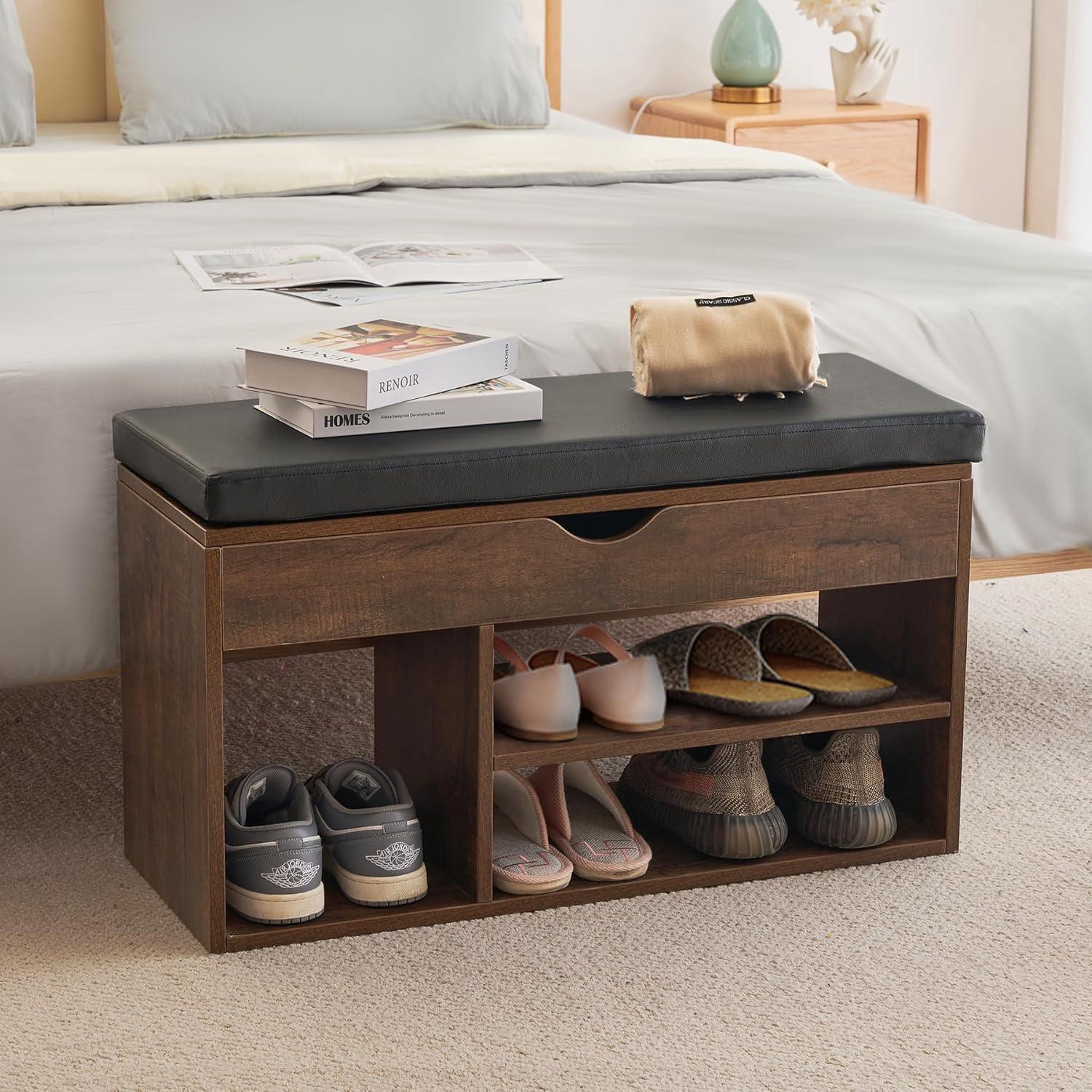 Apicizon 31 Inches Storage Bench, Shoe Bench with Flip Top Storage Space and Padded Cushion, Wooden Entryway Bench for Entryway, Living Room, 2-Tier Shoe Rack Organizer, Brown
