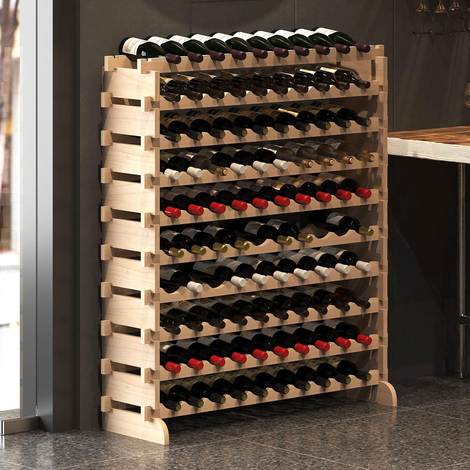 Wellynap 10-Tier Wine Rack, Stackable Wine Storage Holder for 100 Bottles, Free Standing Wine Storage Organizer - Wood