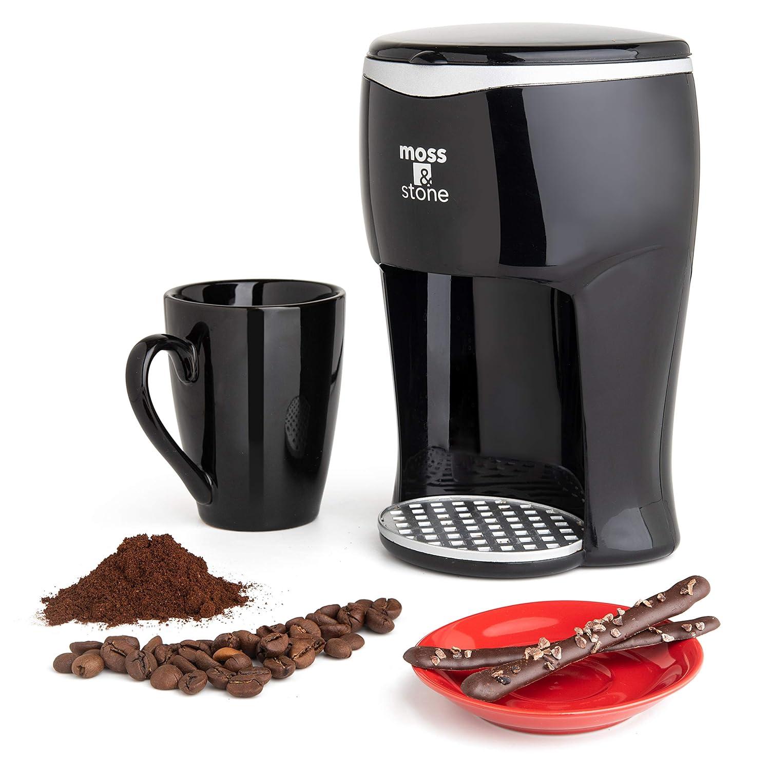 Moss & Stone Mini Drip Coffee Maker with Mug, Small Coffee Pot, One Cup Coffee Machine (1 Drip & 4oz Mug)