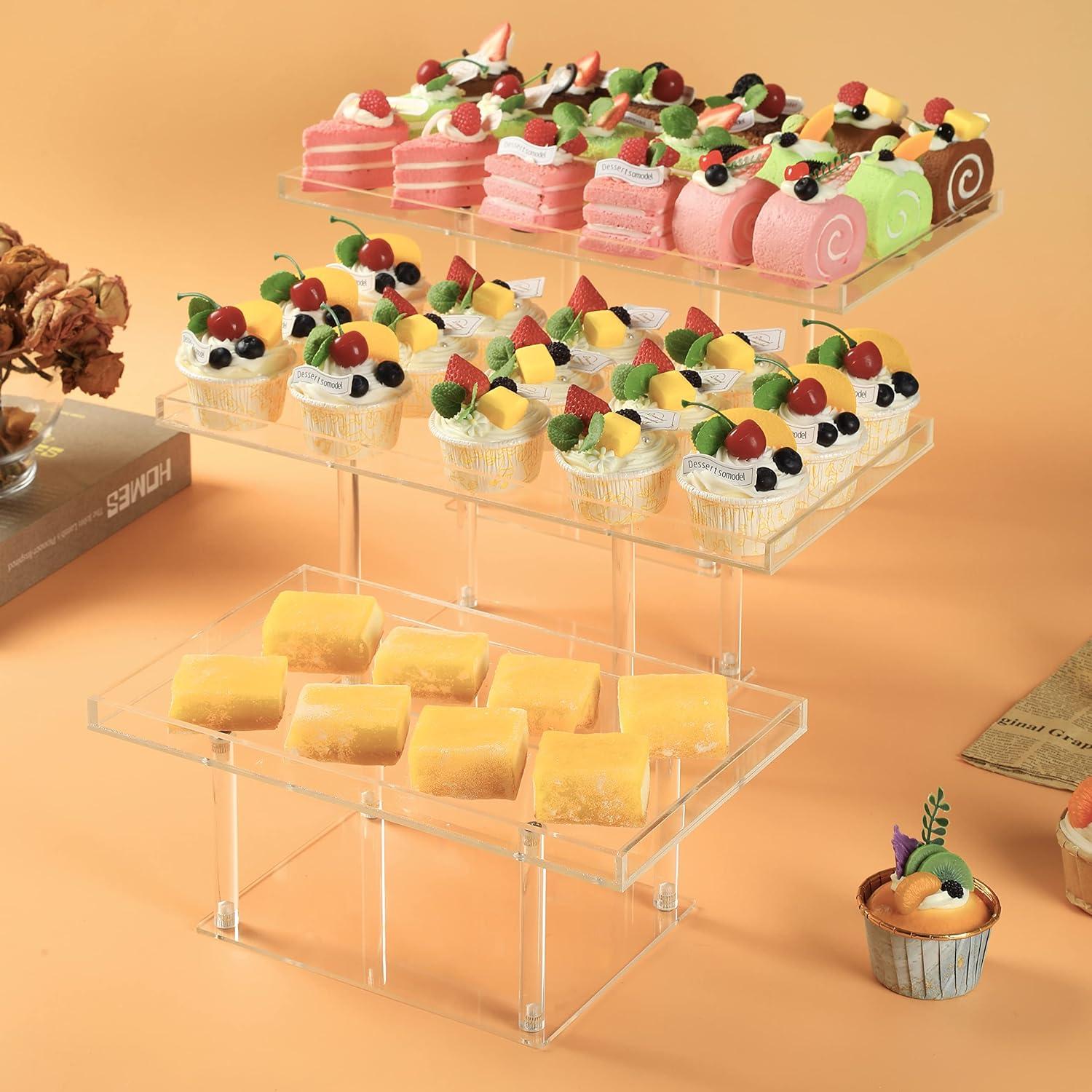 3 Pack Dessert Table Display Set, Clear Acrylic Dessert Stands Buffet Risers for Cupcakes Dessert Pastry Food Treat Tier Cookie Dessert Platter Serving Trays Stand for Wedding Birthday Party