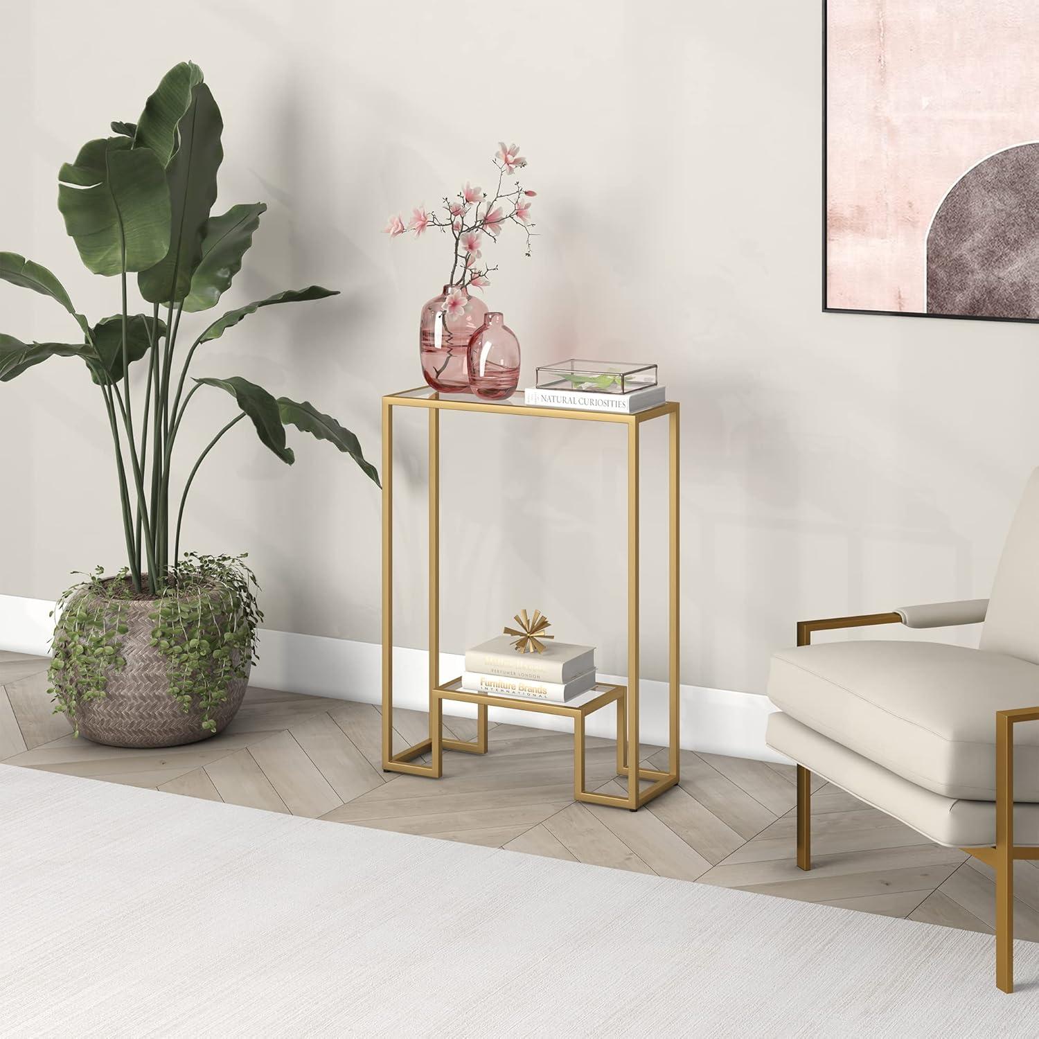 Athena Brass 22" Wide Mini Console Table with Tempered Glass Shelf