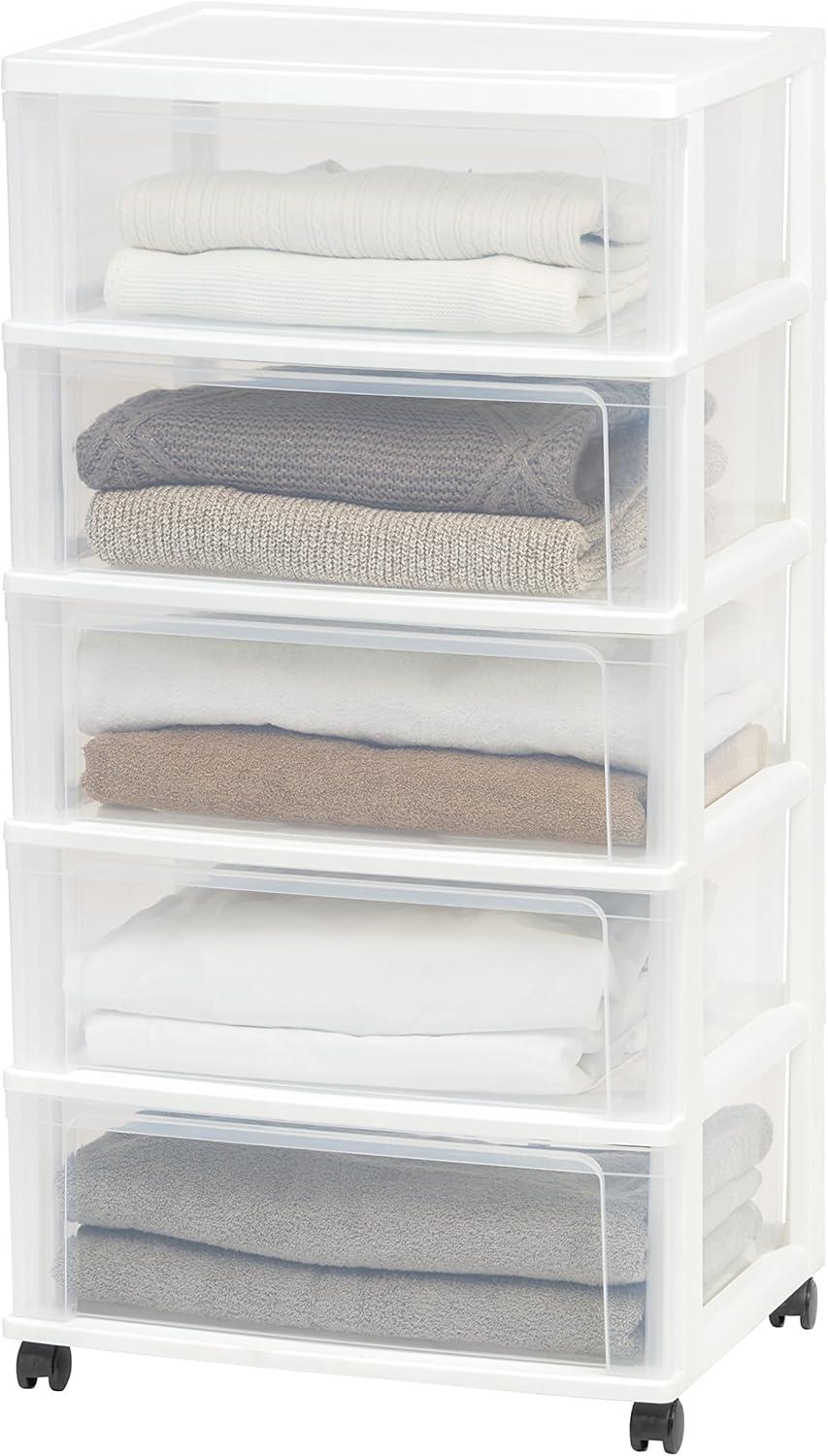 IRIS USA 5 Drawer Wide Storage Drawer Cart with Caster Wheels, Plastic Rolling Dresser for Home Closet Bedroom Bathroom Office Laundry, White/Clear