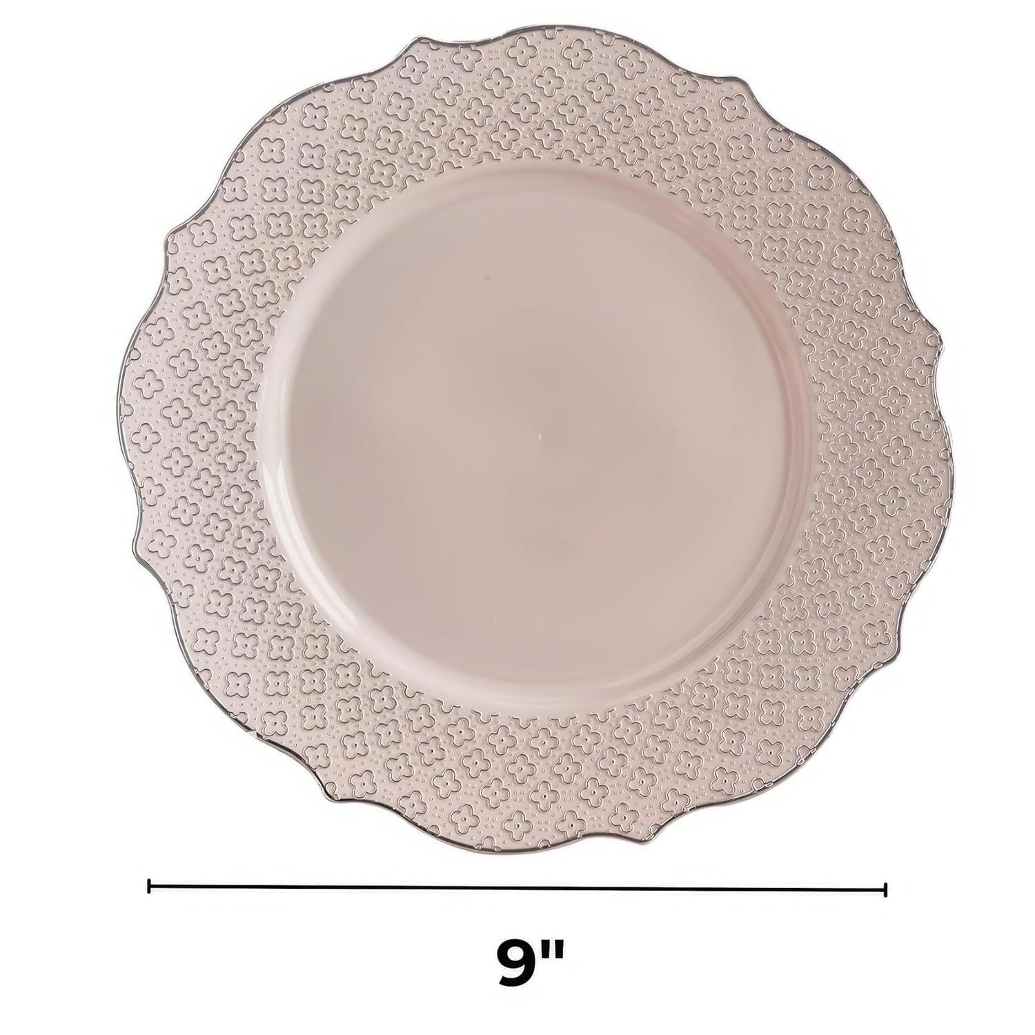 Fancy Disposable Dinner Plates (10 PC) Heavy Duty Plastic Plates, Rose Gold Party Supplies for Baby Showers, Weddings, Parties & Events, Pink Plates with Silver Embossed Rim - 10.25" - Harmony