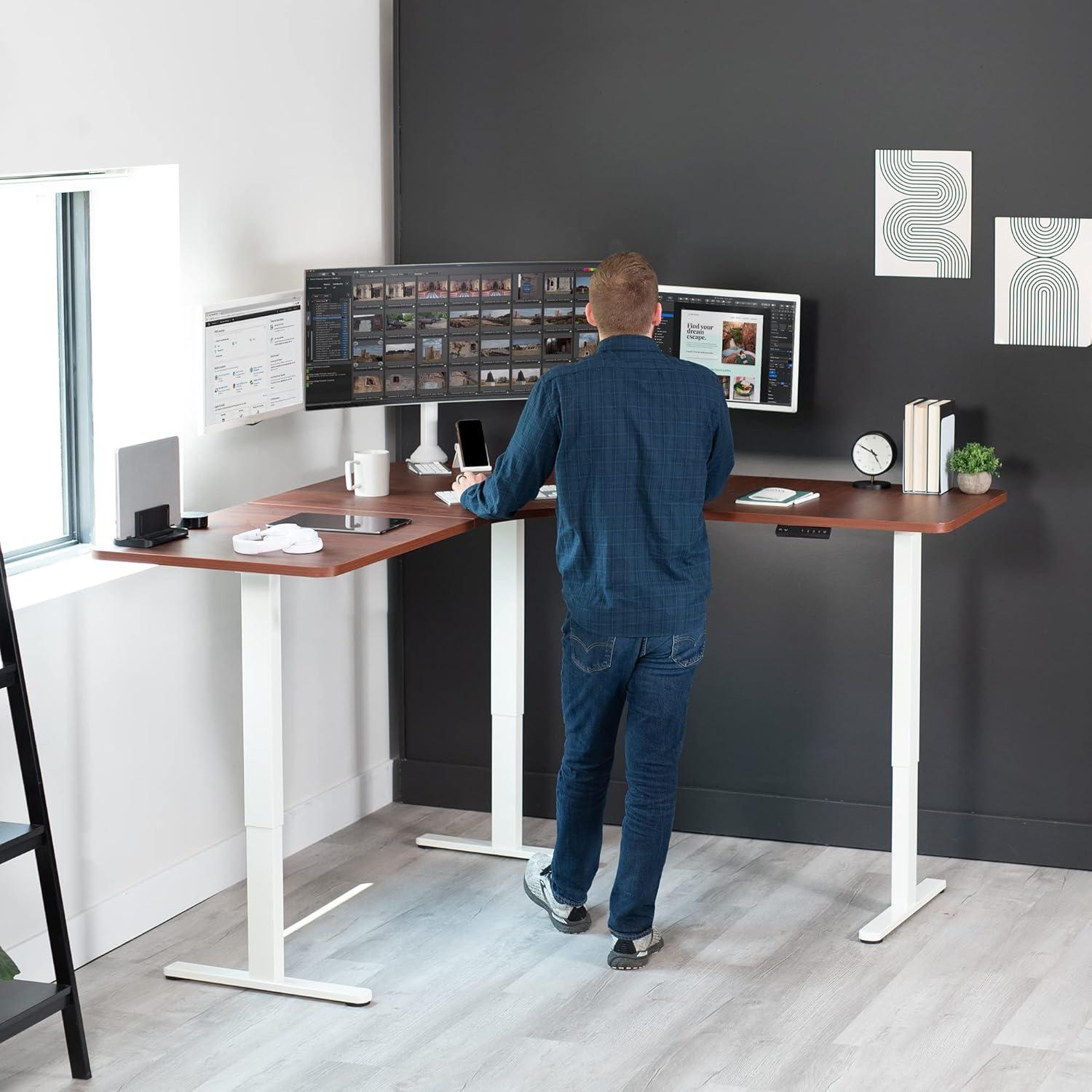 Dark Walnut and White L-Shaped Electric Adjustable Standing Desk