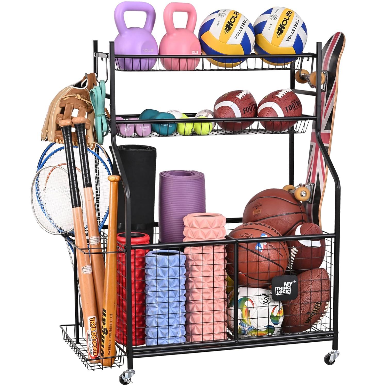Mythinglogic Garage Storage System, Garage Organizer with Baskets and Hooks, Sports Equipment Organizer for Sports Gear/Toys,Garage Ball Storage