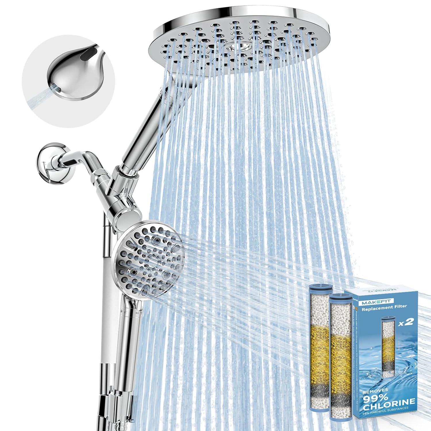 Dual Handheld Shower Head Combo, 2-in-1 Rain Shower Heads System 8 Inch Rainfall Shower Head and 10 Modes High Pressure Hand Held Showerhead with Built-in Power Wash