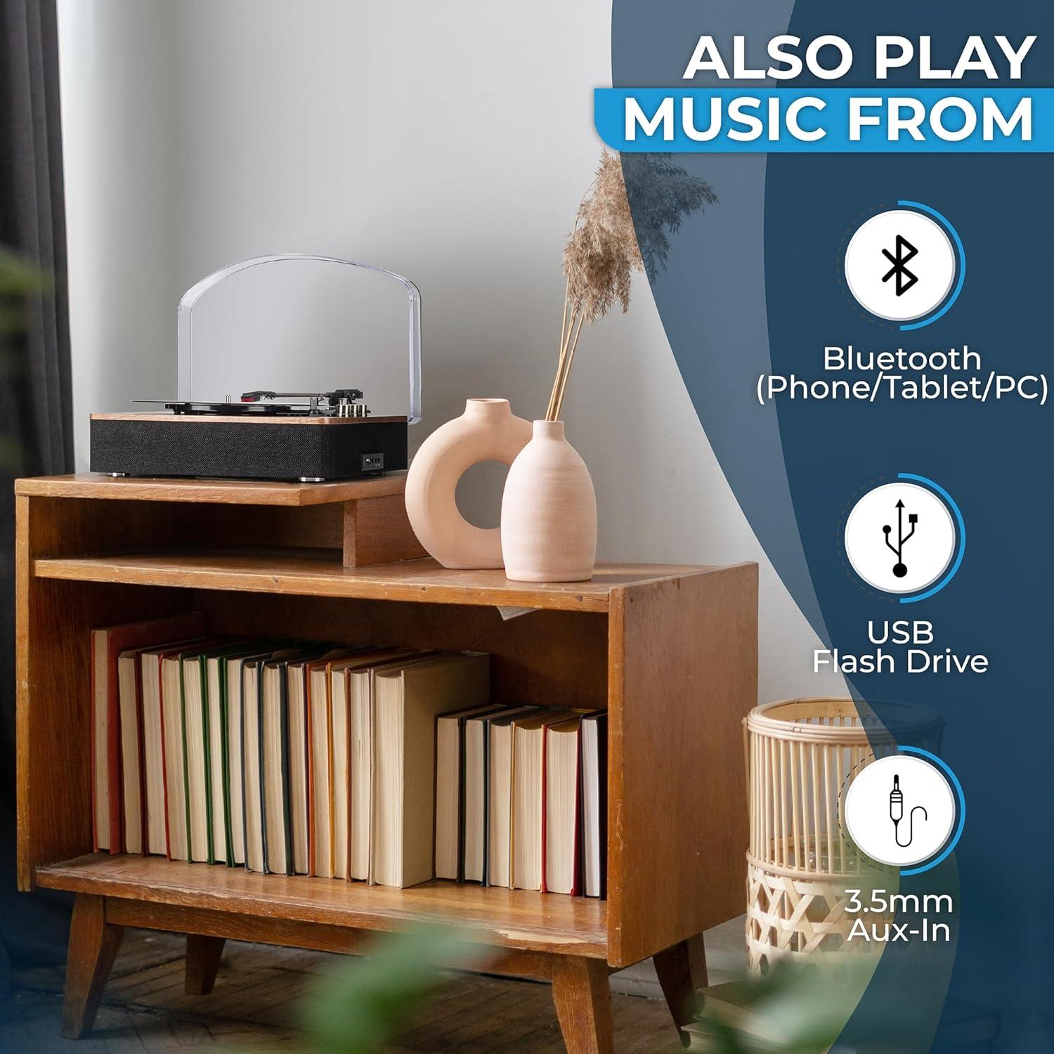 SoundBeast Retro Wooden Turntable with 3-Speed Vinyl Record Player, Built-In Stereo Speakers, Bluetooth, 3.5mm Aux In, USB Playback, & USB Recording to MP3