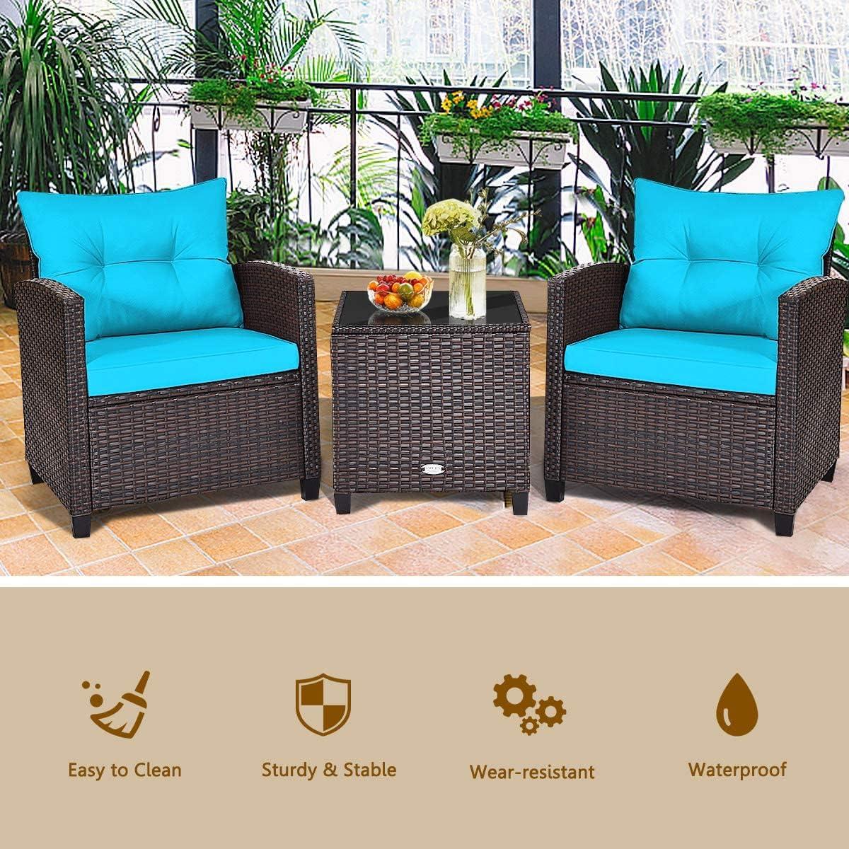 Giantex 3 Pieces Patio Furniture Set, PE Rattan Wicker 3 Pcs Outdoor Sofa Set w/Washable Cushion and Tempered Glass Tabletop, Conversation Furniture for Garden Poolside Balcony (Turquosize)