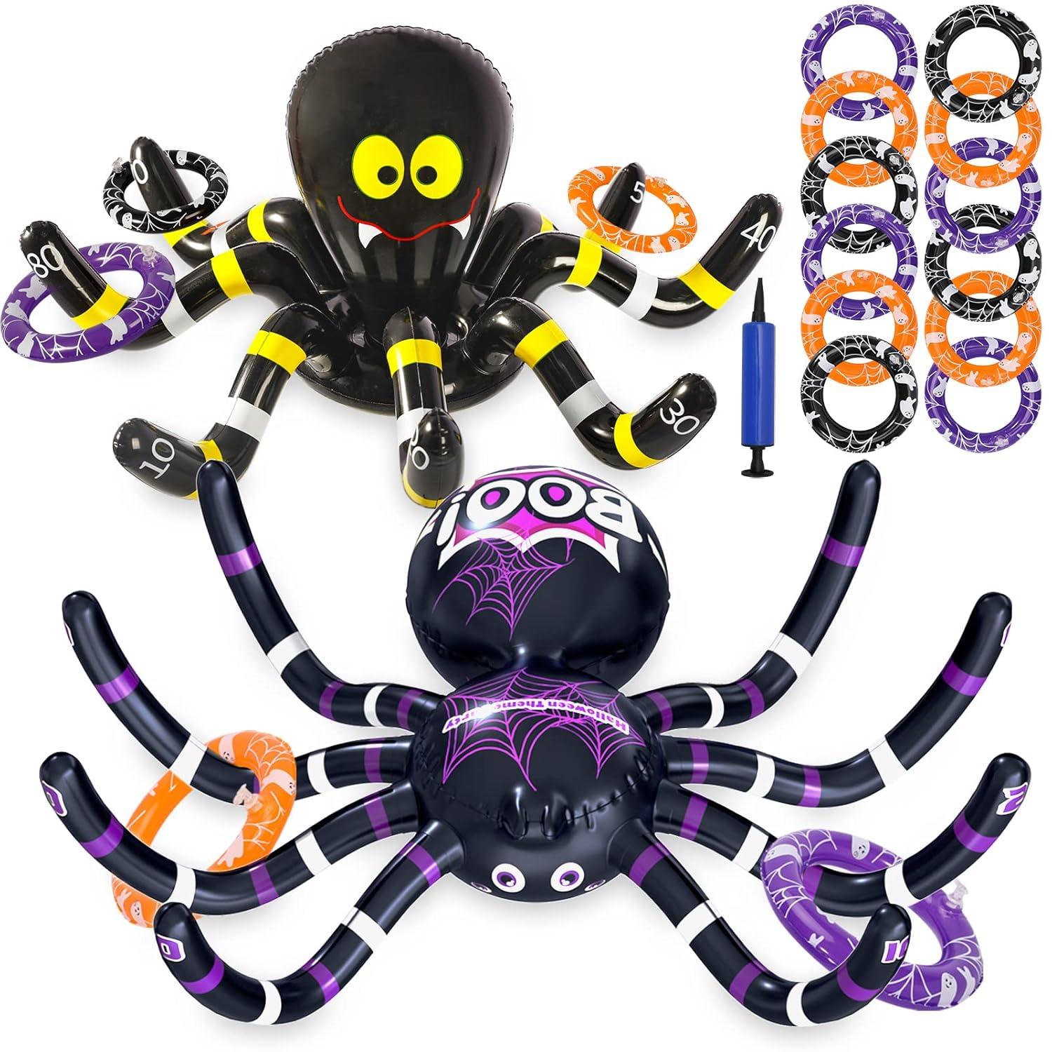 Max Fun Halloween Ring Toss Games for Kids, 2 Pack Inflatable Spiders Set Halloween Party Favor Supplies Holiday Carnival School Decoration Outdoor Indoor Spooky Creepy Game
