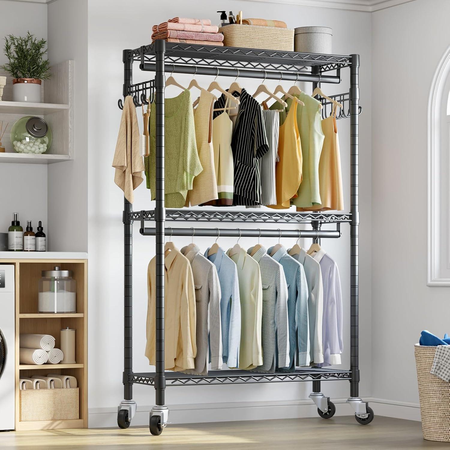 VIPEK V12 Medium Heavy Duty Rolling Garment Rack 3 Tiers Clothes Rack Freestanding Wardrobe Closet Storage Rack