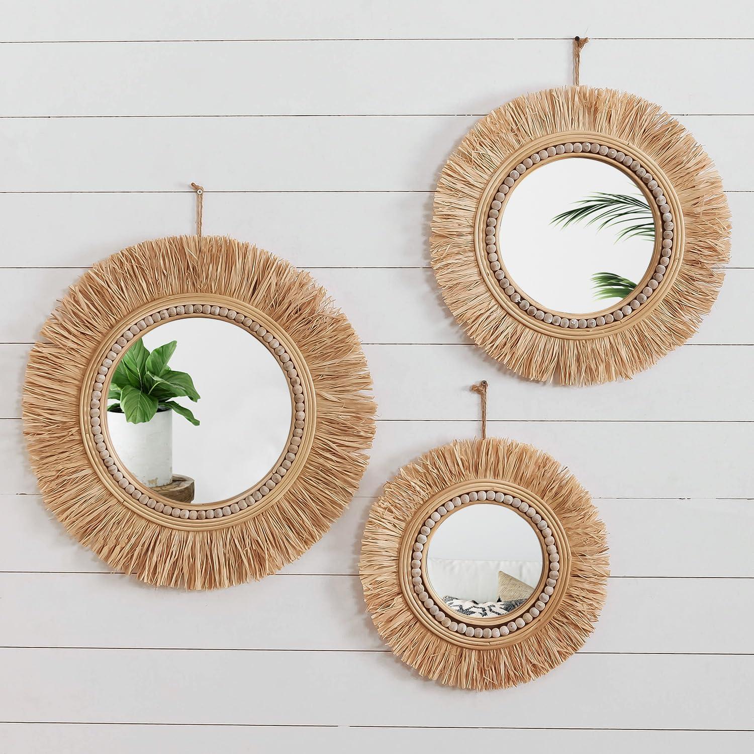 Natural Raffia and Bead Round Wall Mirrors Set