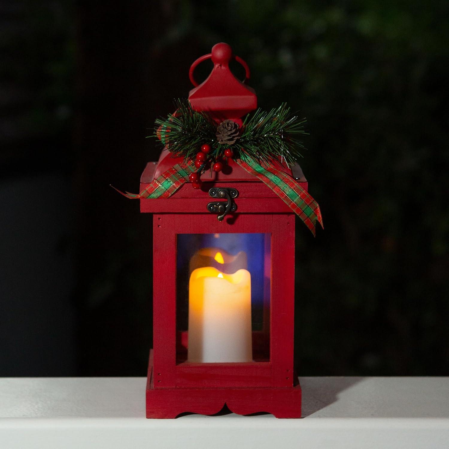 Red Metal and Glass Christmas Lantern with LED Candle